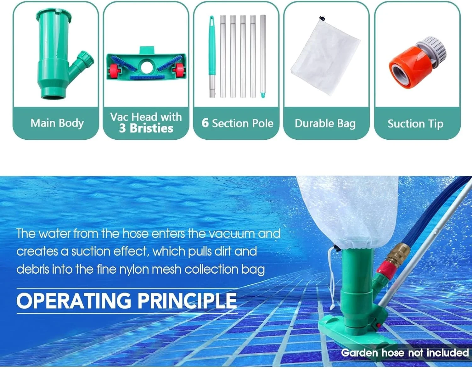 جاروبرقی استخری قابل حمل THE WHITE SHOP با برس، کیسه و میله 6 قسمتی 56.5 اینچی (بدون شلنگ باغ)، مناسب برای استخرهای رو باز، اسپا، حوضچه ها و فواره ها