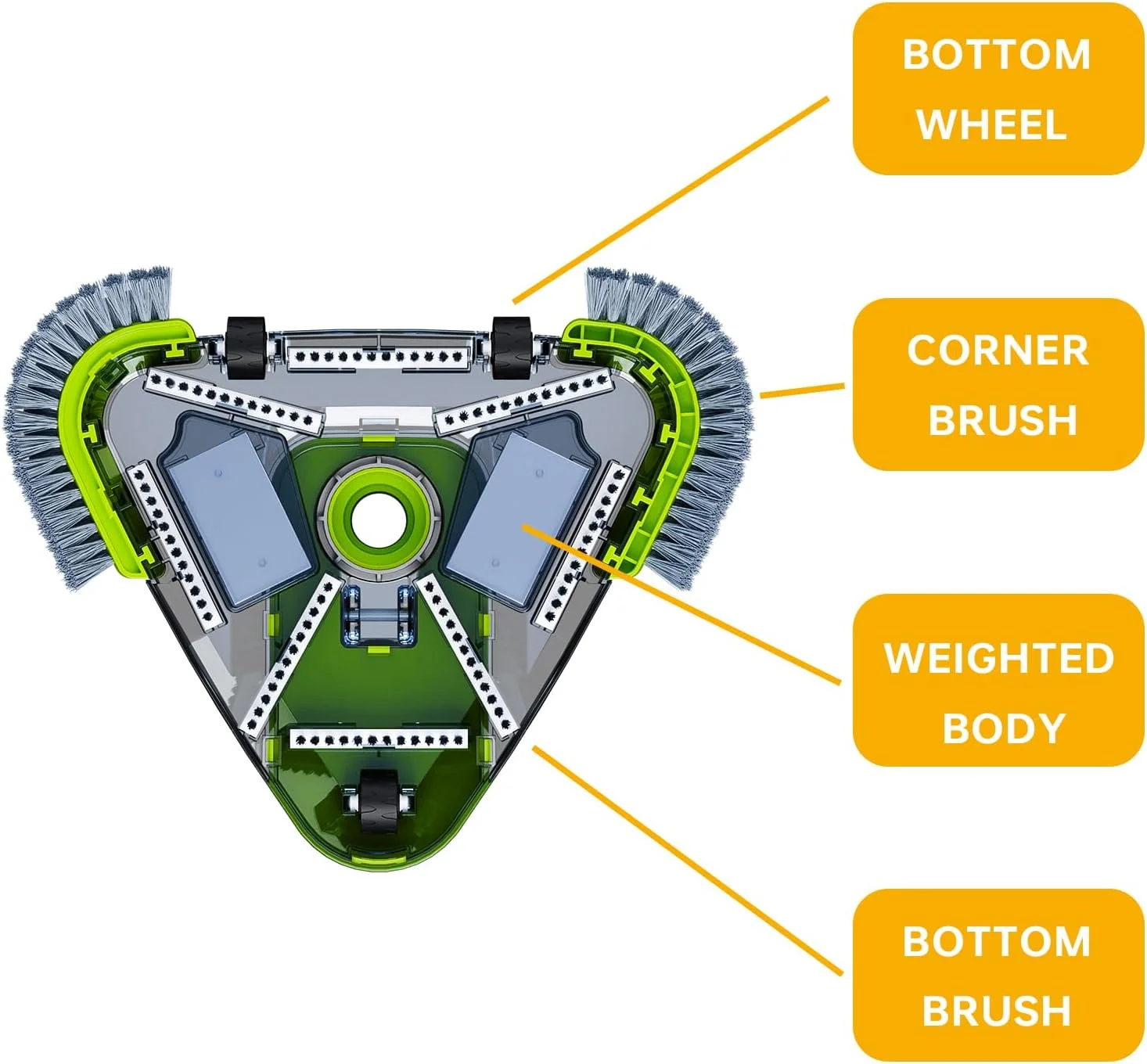 سر جاروبرقی استخر سپترل با چرخ و برس های جانبی، آداپتور شلنگ چرخشی جهانی، شکل مثلثی وزنی، برای استخرهای شنای داخل زمینی/روی زمینی