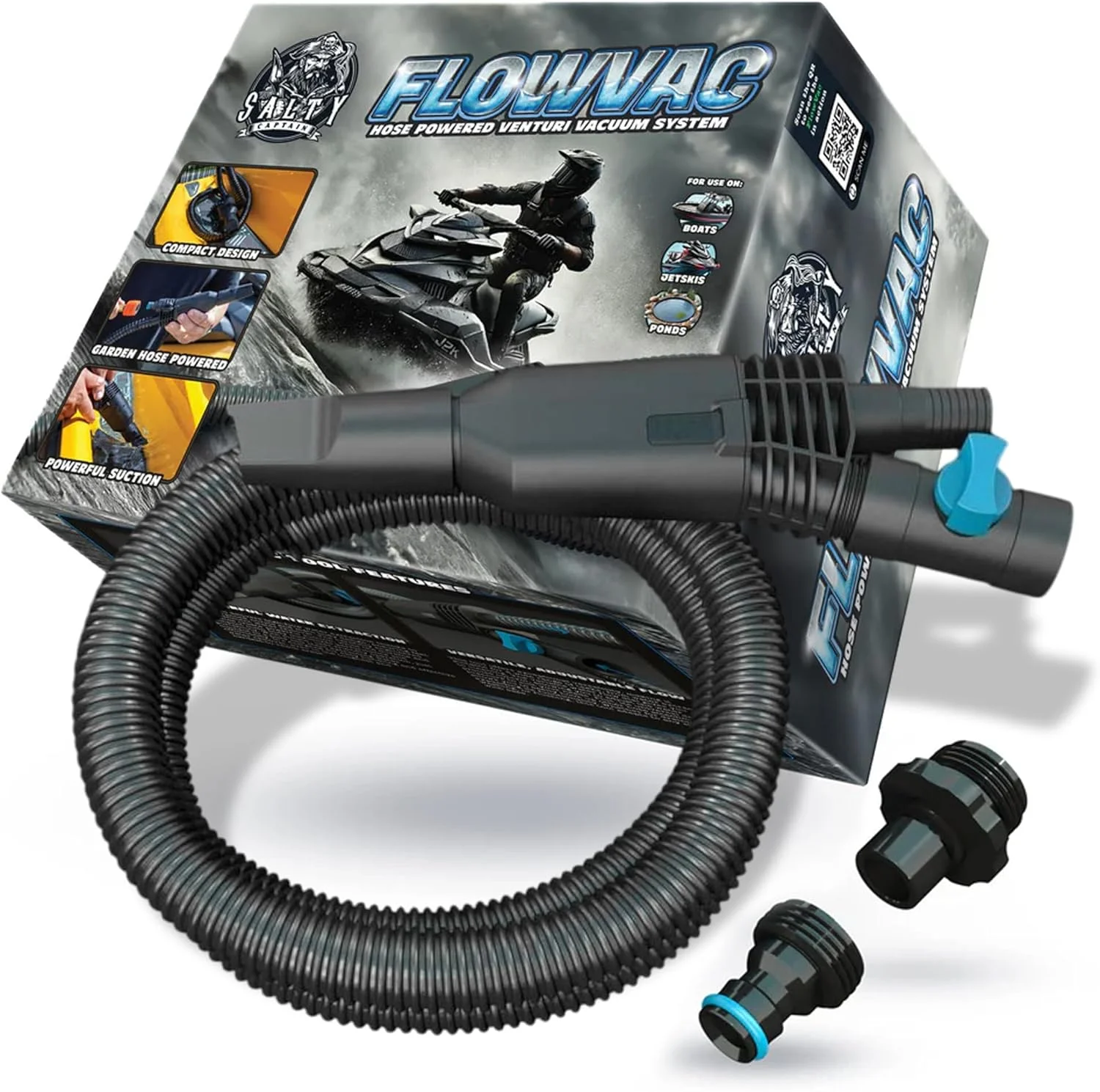 جاروبرقی آب سالتی کاپیتان FlowVac - مکش ونتوری برای حذف سریع آب و مواد زائد - بدون نیاز به برق - ایده آل برای قایق ها، خودروهای 4WD، استخرها و نظافت منزل - سبک، بادوام و آسان برای استفاده