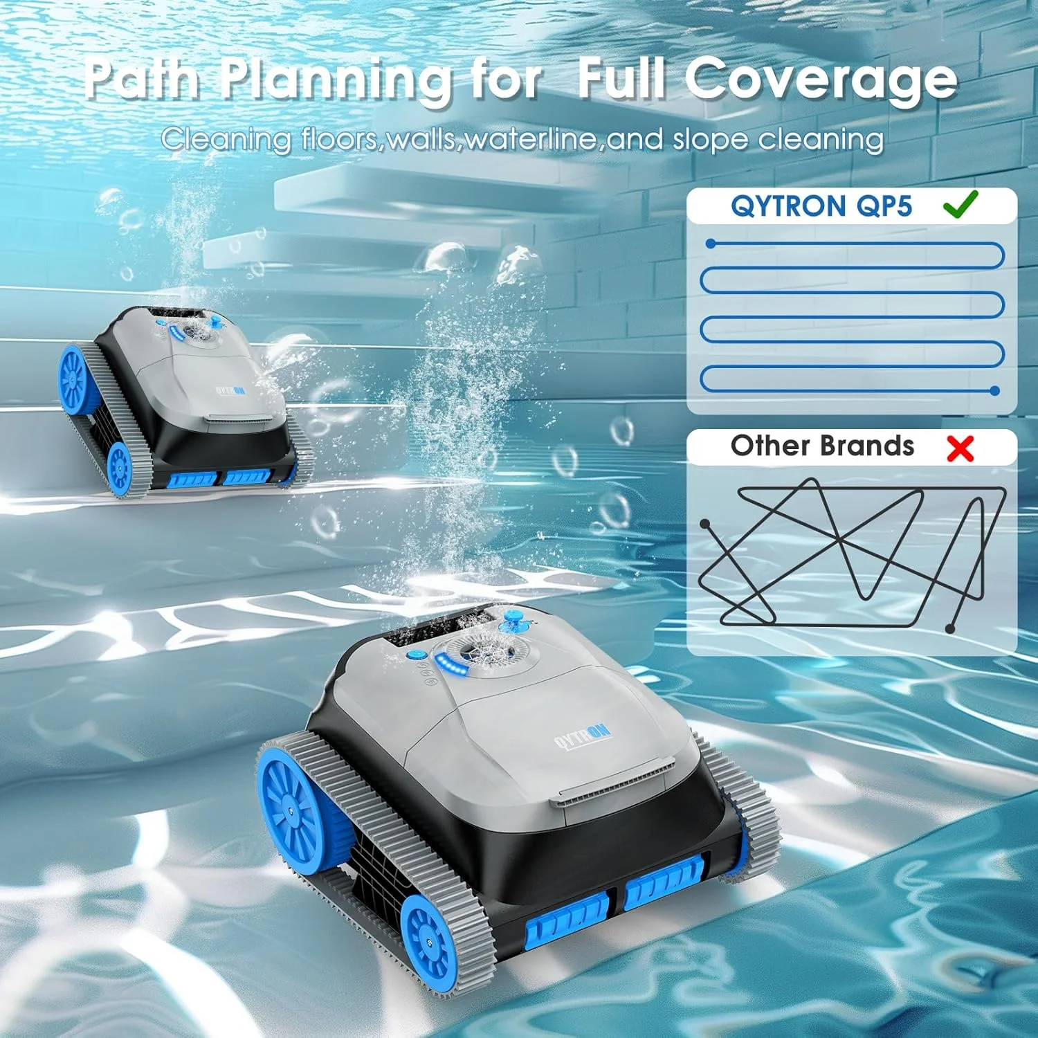 ربات تمیز کننده استخر کیوترون نیکس‌بات QP5، سیستم توربین دو موتوره، برای استخرهای روکار و توکار با قابلیت بالا رفتن از دیوار و فناوری ناوبری