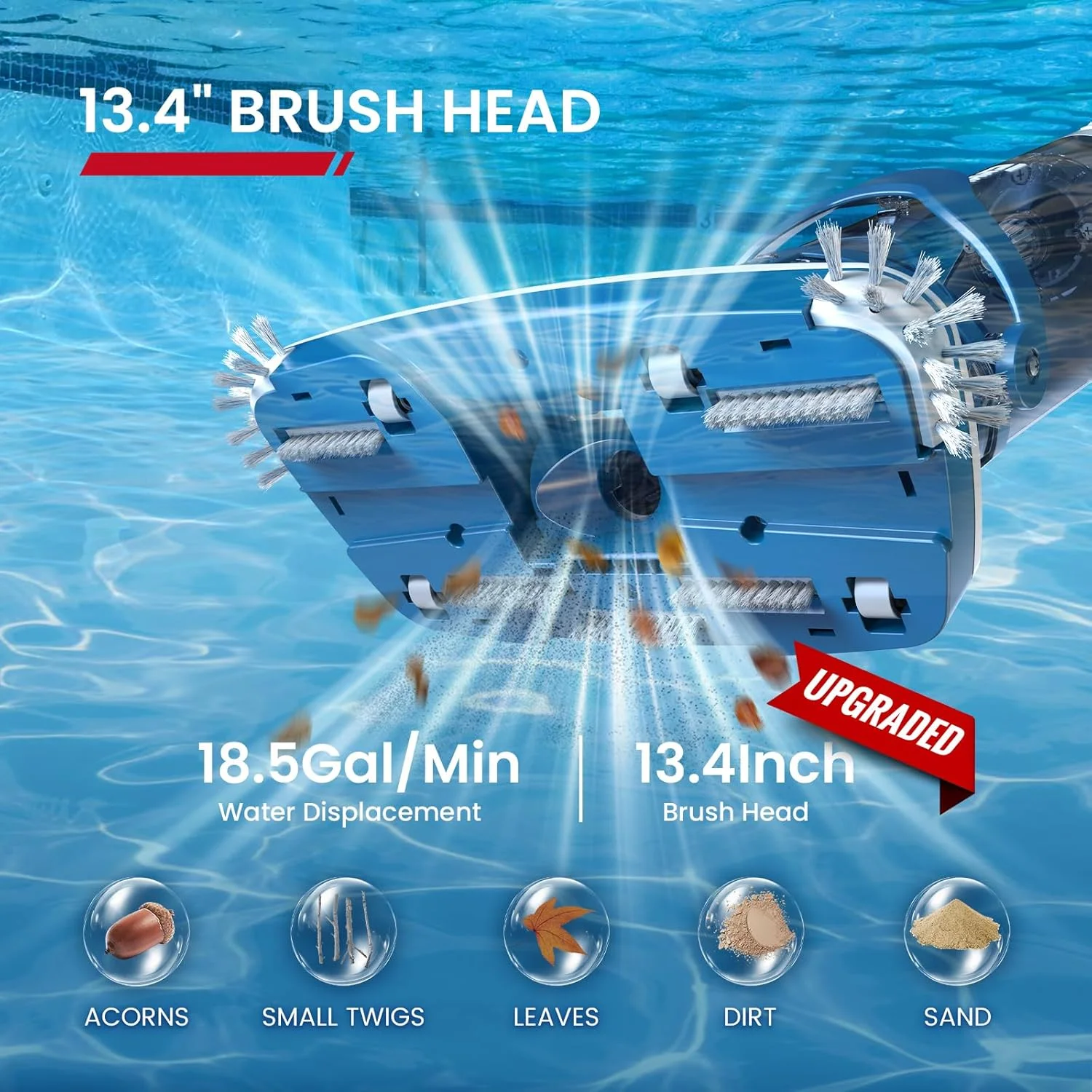 جاروبرقی استخری شارژی بی سیم ENHULK Pro - مکش قدرتمند 18.5 GPM، زمان کارکرد 70 دقیقه و سر پهن 13.4 اینچی، جاروبرقی دستی قابل شارژ با ظرفیت XL برای استخرهای داخل/روی زمین با میله تلسکوپی (آبی)