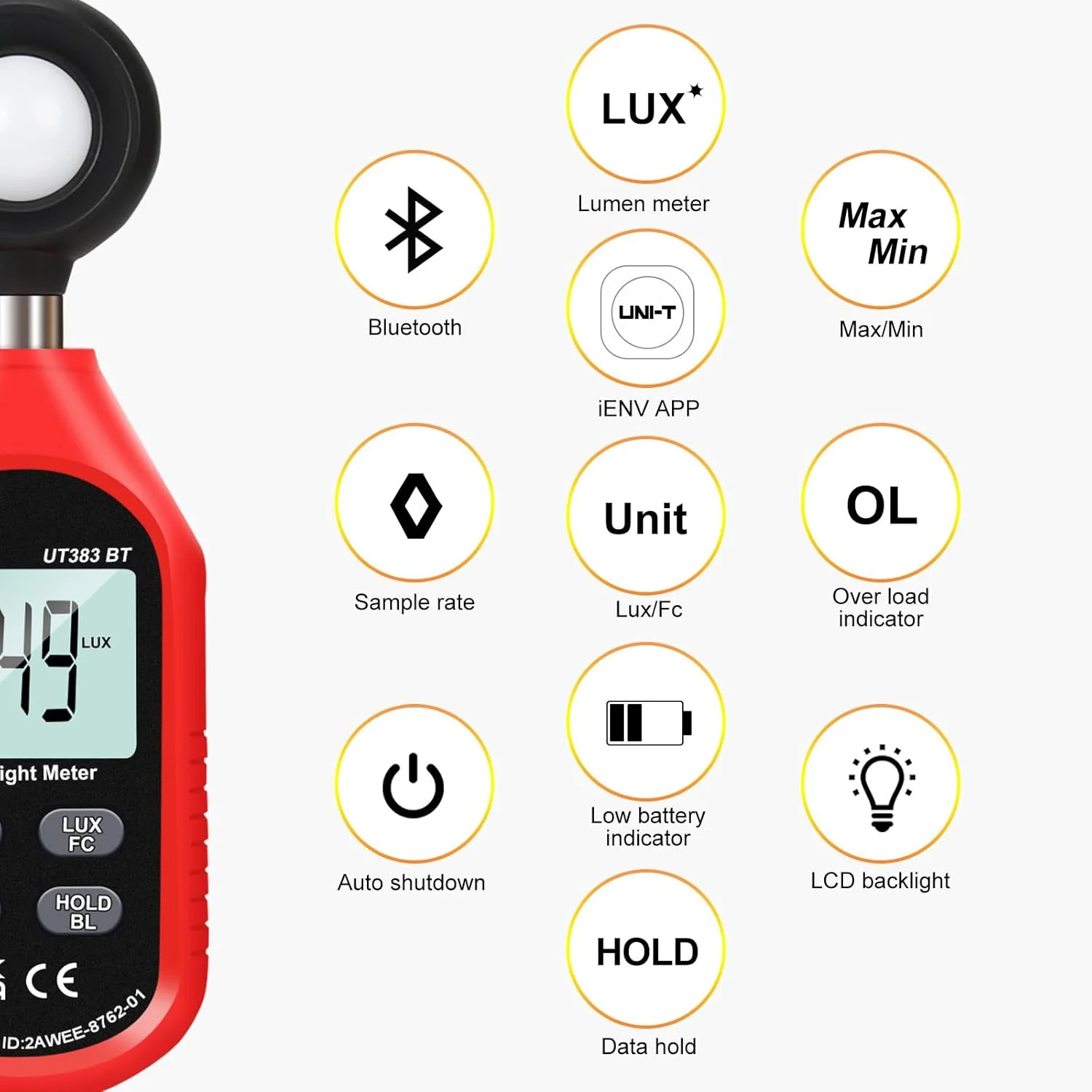 نورسنج دیجیتال UNI-T مدل UT383BT، لوکس متر با محدوده 0 تا 199900 لوکس (0 تا 18500 FC) برای عکاسی فیلم، گیاهان، نورسنجی، اندازه گیری شدت روشنایی نورسنج دیجیتال UNI-T مدل UT383BT، لوکس متر با محدوده 0 تا 199900 لوکس (0 تا 18500 FC) برای عکاسی فیلم، گیاهان، نورسنجی، اندازه گیری شدت روشنایی