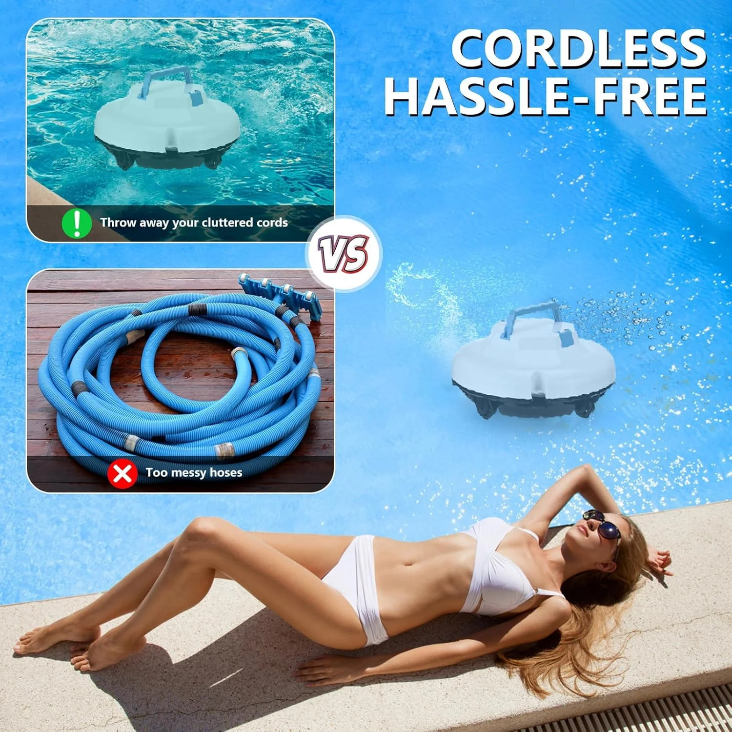 ربات تمیز کننده استخر بی سیم، مکش قوی دوگانه، جاروبرقی استخر اتوماتیک سبک وزن برای استخرهای PVC، موزاییک بتنی و فایبرگلاس (دوشاخه UK)