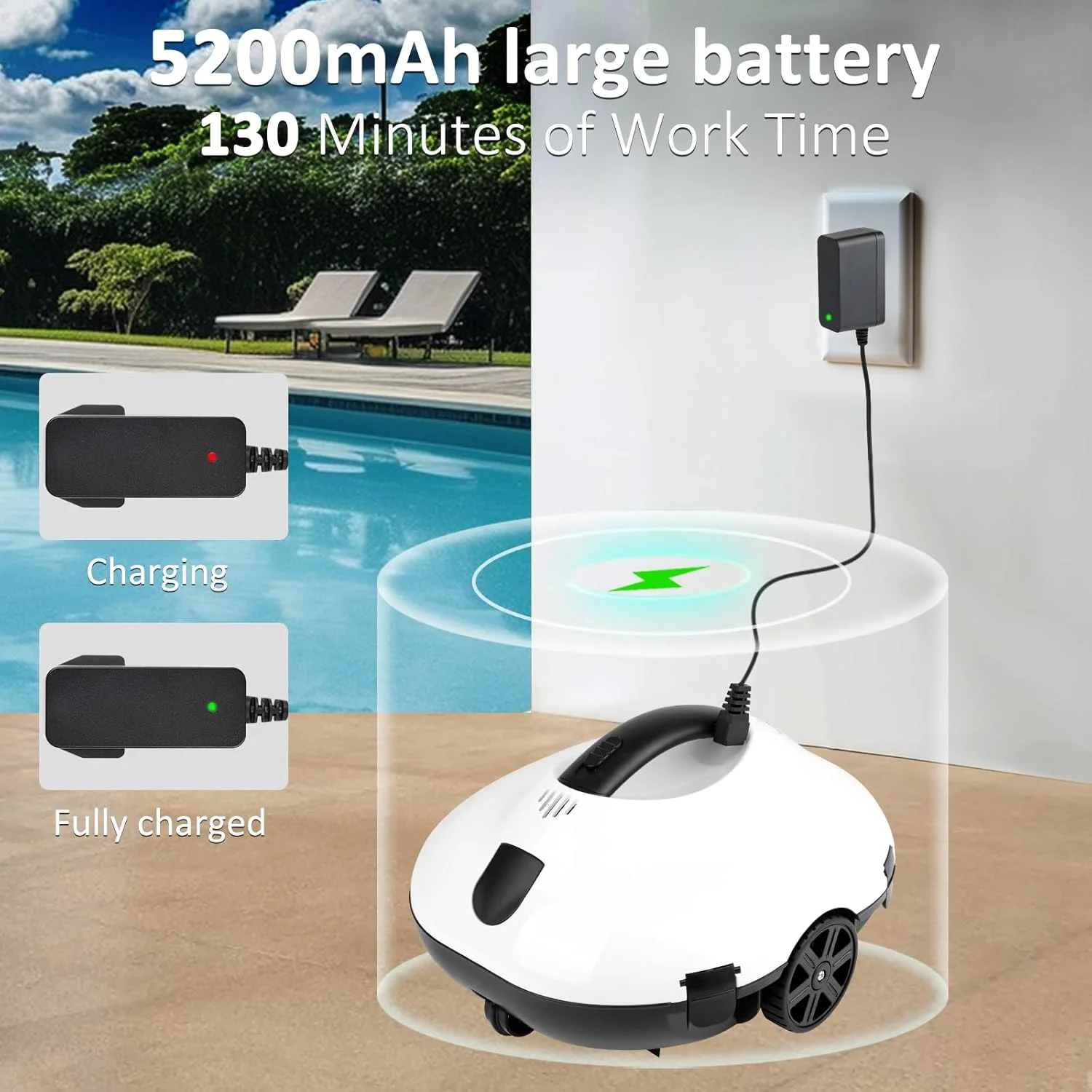 ربات تمیز کننده استخر بی سیم 2025، جاروبرقی رباتیک استخر برای استخرهای داخل زمینی، زمان کارکرد 120 دقیقه جاروبرقی استخر سبک وزن برای استخرهای شنا با کف صاف، ربات قدرتمند تا 860 فوت مربع