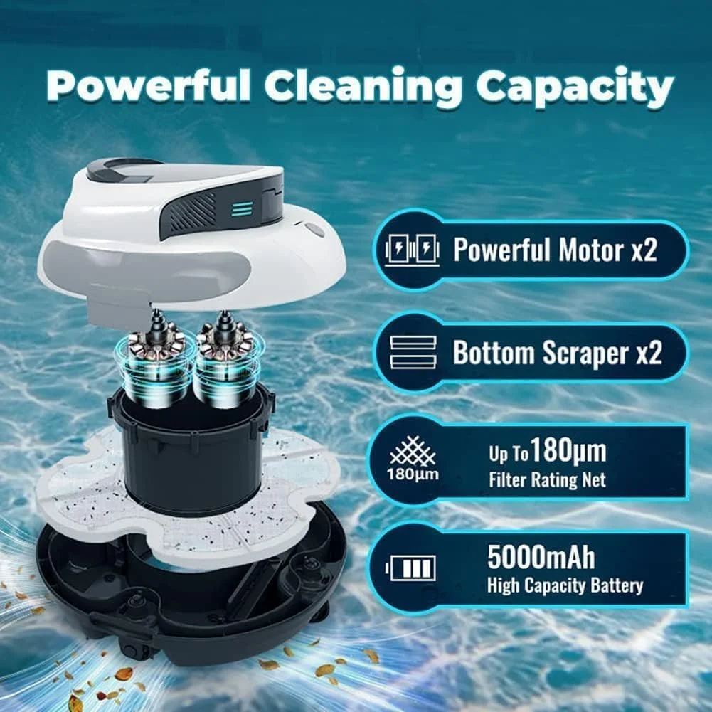 ربات تمیز کننده استخر، جاروبرقی اتوماتیک استخر بی سیم، جاروبرقی استخر 100 دقیقه ای برای استخر رو زمینی، مکش قدرتمند 15KPa، سنسور آب، پارک خودکار، ربات تمیز کننده استخر برای استخرهای کف صاف تا 48 فوت