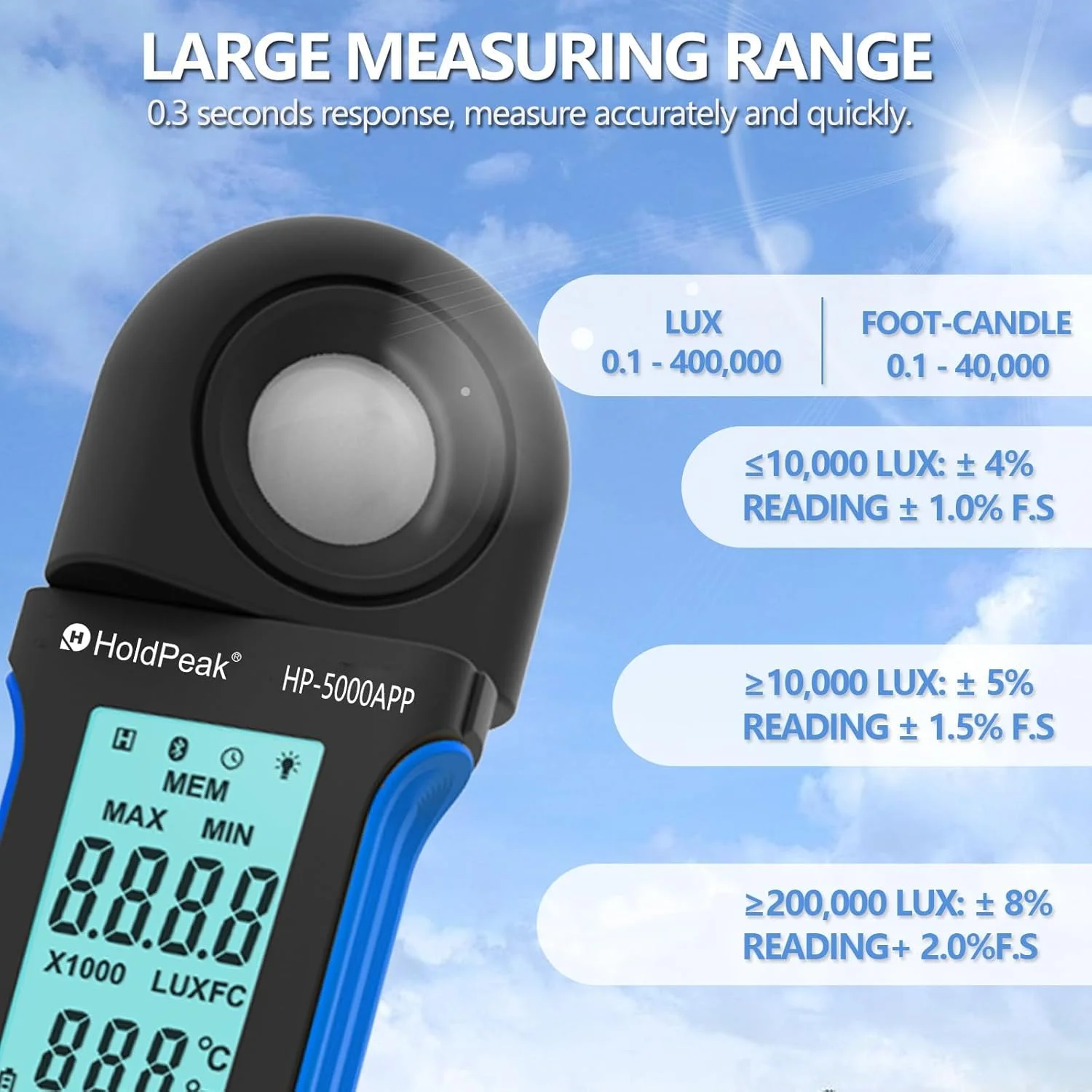 نورسنج دیجیتال H HOLDPEAK برای اندازه گیری روشنایی 400,000 لوکس 5000APP، دستگاه های اندازه گیری نور، پوزومتر دیجیتال قابل حمل، برای نور LED/گیاهان، چرخش 270 درجه، عملکرد APP نورسنج دیجیتال H HOLDPEAK برای اندازه گیری روشنایی 400,000 لوکس 5000APP، دستگاه های اندازه گیری نور، پوزومتر دیجیتال قابل حمل، برای نور LED/گیاهان، چرخش 270 درجه، عملکرد APP