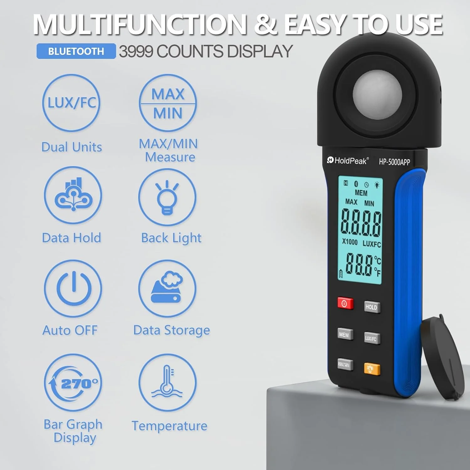 نورسنج دیجیتال H HOLDPEAK برای اندازه گیری روشنایی 400,000 لوکس 5000APP، دستگاه های اندازه گیری نور، پوزومتر دیجیتال قابل حمل، برای نور LED/گیاهان، چرخش 270 درجه، عملکرد APP نورسنج دیجیتال H HOLDPEAK برای اندازه گیری روشنایی 400,000 لوکس 5000APP، دستگاه های اندازه گیری نور، پوزومتر دیجیتال قابل حمل، برای نور LED/گیاهان، چرخش 270 درجه، عملکرد APP