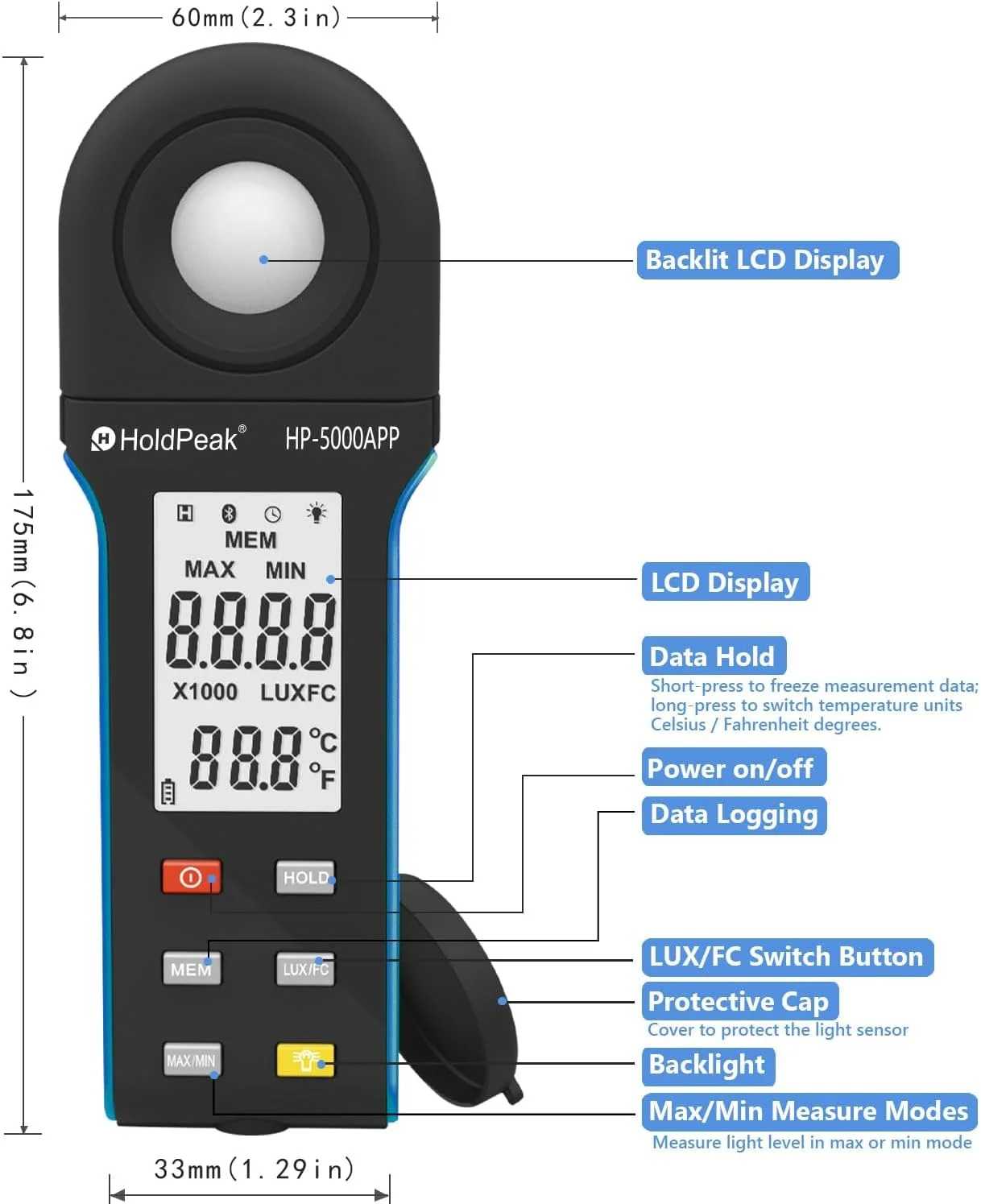 نورسنج دیجیتال H HOLDPEAK برای اندازه گیری روشنایی 400,000 لوکس 5000APP، دستگاه های اندازه گیری نور، پوزومتر دیجیتال قابل حمل، برای نور LED/گیاهان، چرخش 270 درجه، عملکرد APP نورسنج دیجیتال H HOLDPEAK برای اندازه گیری روشنایی 400,000 لوکس 5000APP، دستگاه های اندازه گیری نور، پوزومتر دیجیتال قابل حمل، برای نور LED/گیاهان، چرخش 270 درجه، عملکرد APP