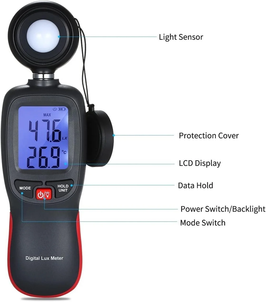 نورسنج، نورسنج دیجیتال با صفحه نمایش LCD، نورسنج دستی کوچک، فوتومتر با حالت حداکثر/حداقل/داده، حسگر نور نورسنج، نورسنج دیجیتال با صفحه نمایش LCD، نورسنج دستی کوچک، فوتومتر با حالت حداکثر/حداقل/داده، حسگر نور