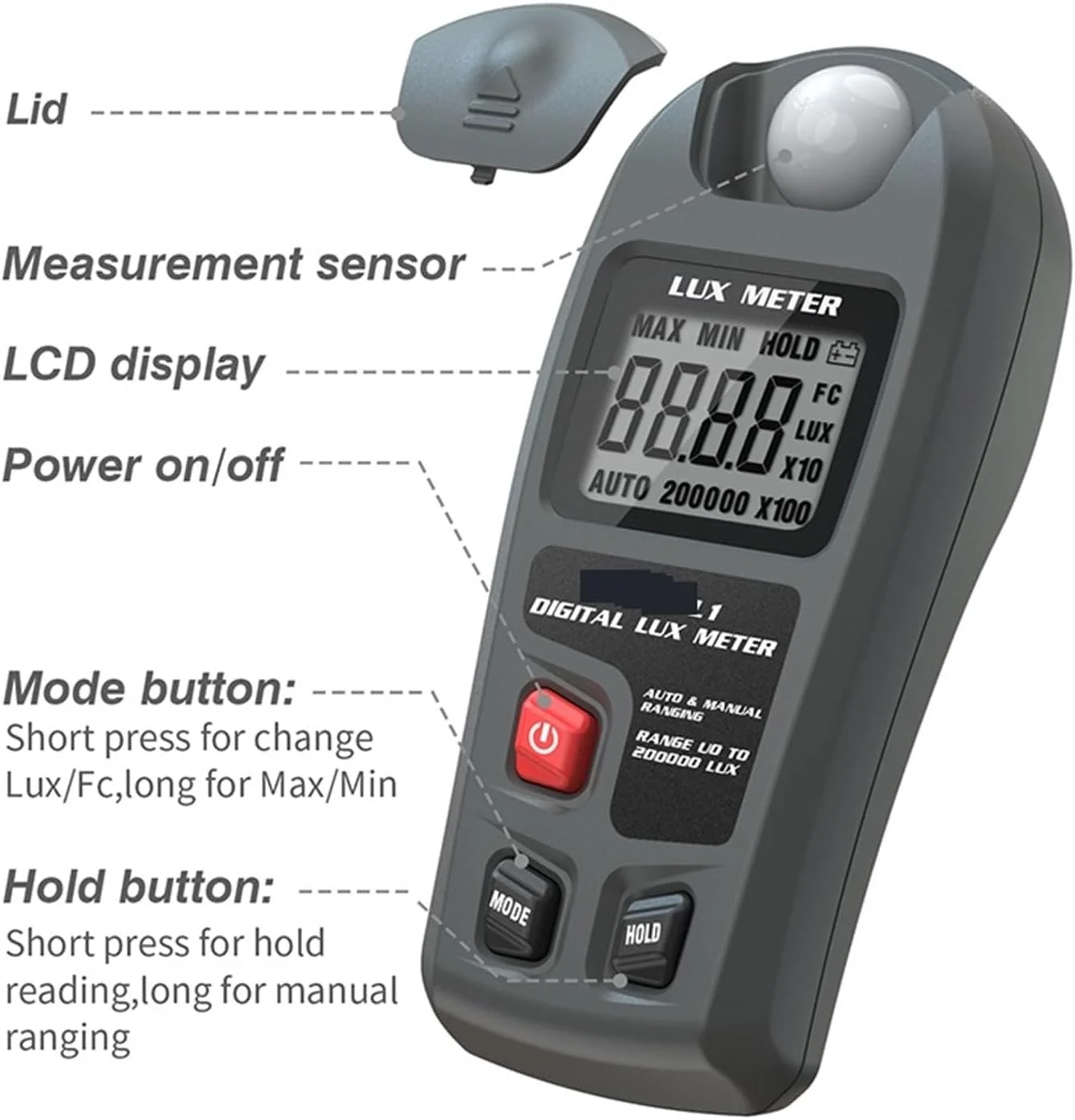 نورسنج، نورسنج دیجیتال لوکس LCD جیبی، نورسنج دستی لوکس/FC 0~200,000 لوکس، تستر اندازه گیری، فتومتر، لوکس متر، روشنایی سنج