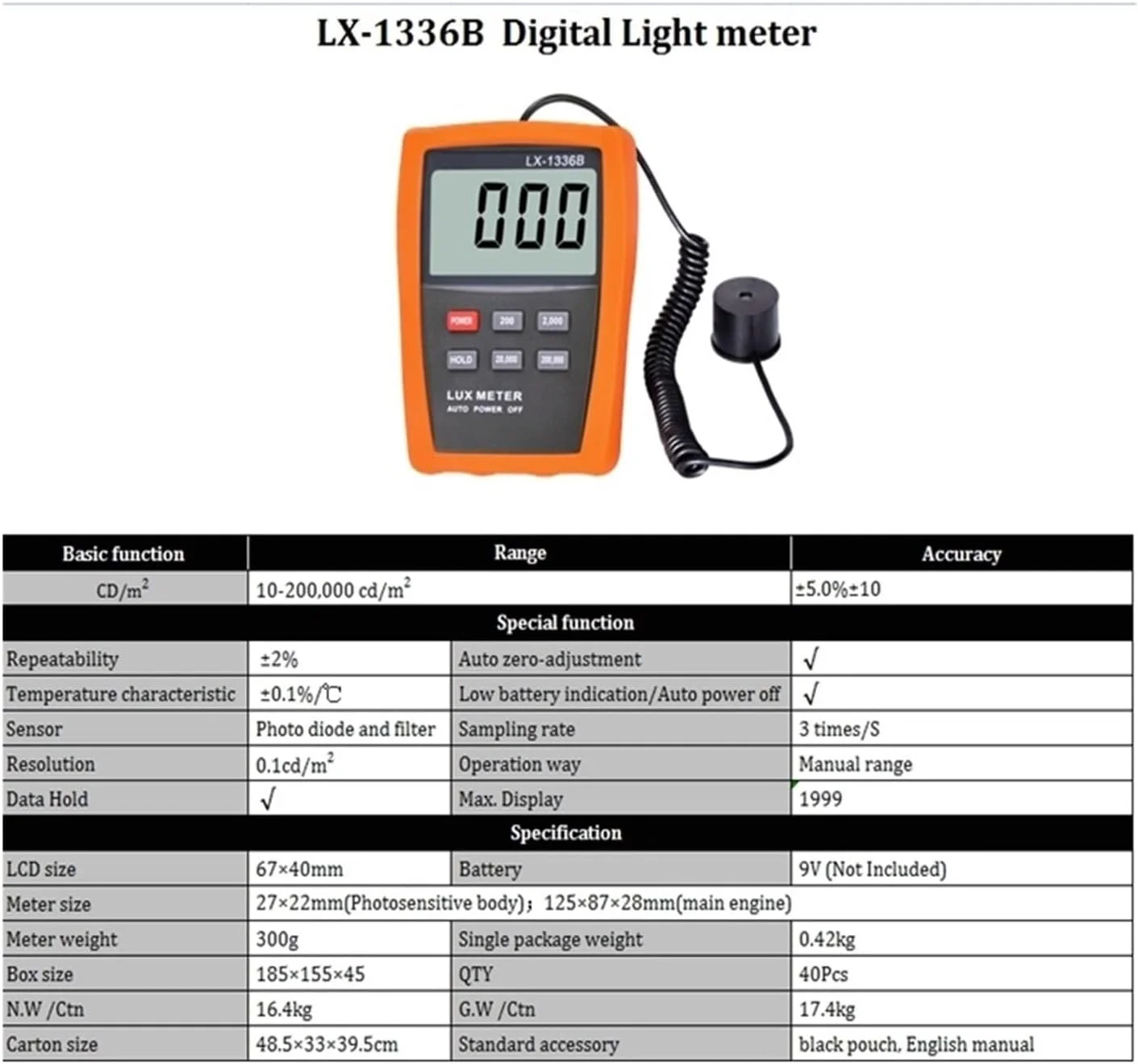 نورسنج دیجیتال LCD، نورسنج 10-200000 Cd/m2، آشکارساز روشنایی UV خطی برای صفحه نمایش LED تلویزیون CRT، نگهداری داده نورسنج دیجیتال LCD، نورسنج 10-200000 Cd/m2، آشکارساز روشنایی UV خطی برای صفحه نمایش LED تلویزیون CRT، نگهداری داده