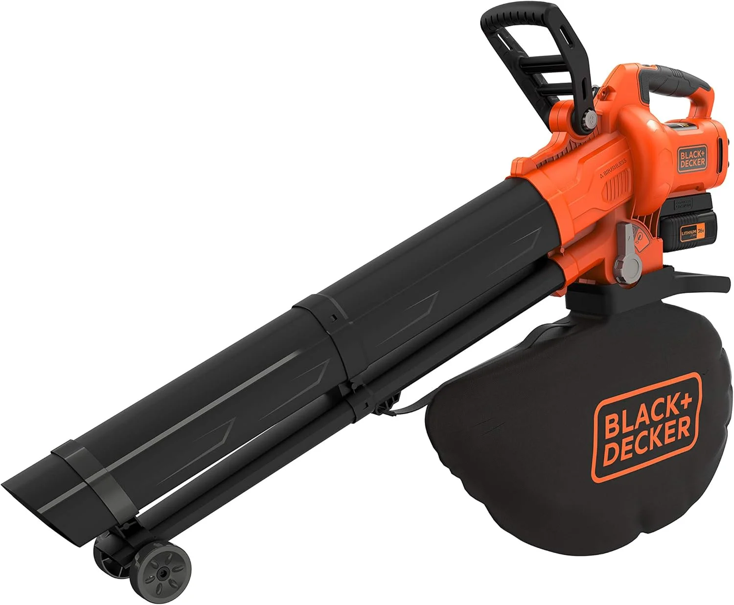 دمنده برگ باتری دار BLACK+DECKER Lausbauger BCBLV3625L1 با خردکن (کیسه جمع آوری 45 لیتری، موتور براشلس، سرعت هوای 210 کیلومتر در ساعت و قدرت مکش بالا - 36 ولت، شامل باتری و شارژر)