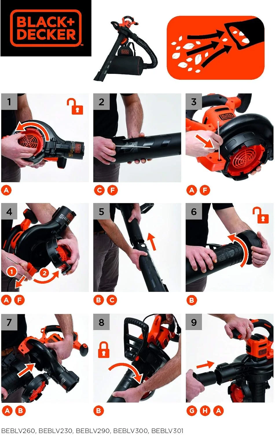 دمنده/مکنده برگ برقی 3 در 1 بلک اند دکر مدل BEBLV301 (3000 وات، با خردکن + چنگک برگ متصل شونده، کوله پشتی کیسه جمع آوری 72 لیتری - سرعت دمندگی بالا و قدرت مکش قابل تنظیم)