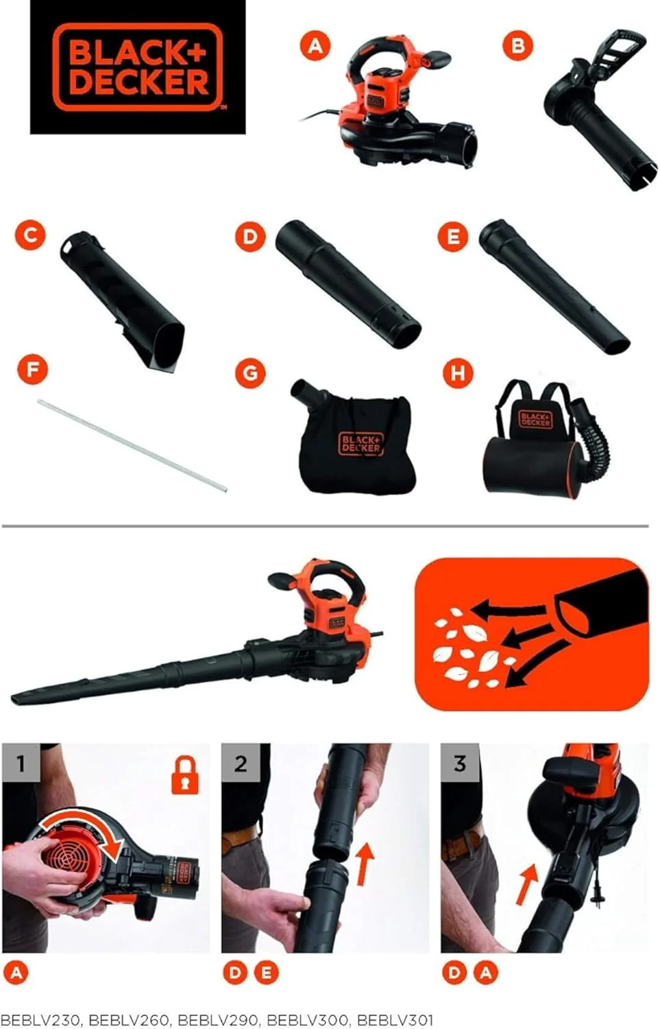 دستگاه دمنده، جاروبرقی و خردکن برگ 3 در 1 بلک اند دکر 3000 وات با کوله پشتی جمع آوری 72 لیتری مدل BEBLV300-QS