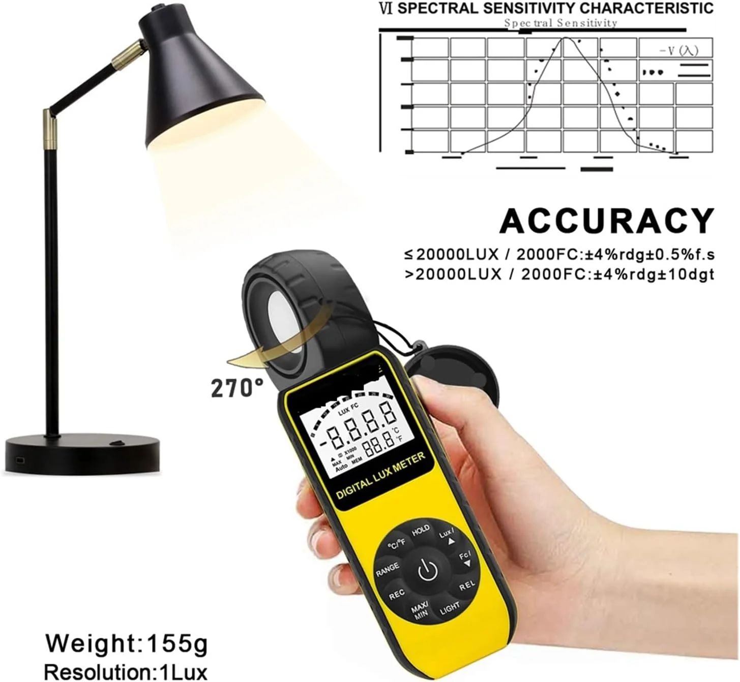 نورسنج دیجیتال، نورسنج دستی سنجش میزان روشنایی و دمای محیط با محدوده اندازه گیری تا 300,000 لوکس