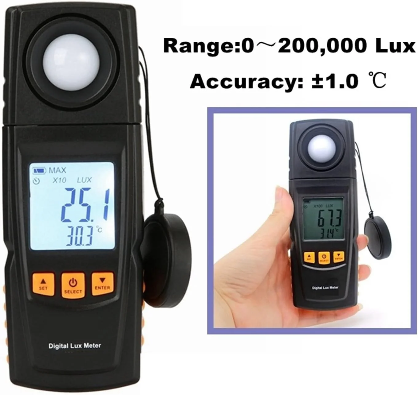 نور سنج، نور سنج قابل حمل با صفحه نمایش دیجیتال، تستر چند منظوره روشنایی 0～40℃ با پشتیبانی از تغییر محدوده خودکار