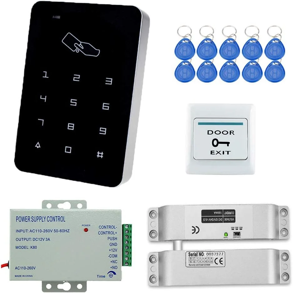 کیت کامل سیستم کنترل دسترسی RFID با فرکانس 125 کیلوهرتز YAVIS شامل صفحه کلید کنترل دسترسی، قفل برقی DC12V، منبع تغذیه 3 آمپر، دکمه خروج و 10 عدد کارت کلید ID