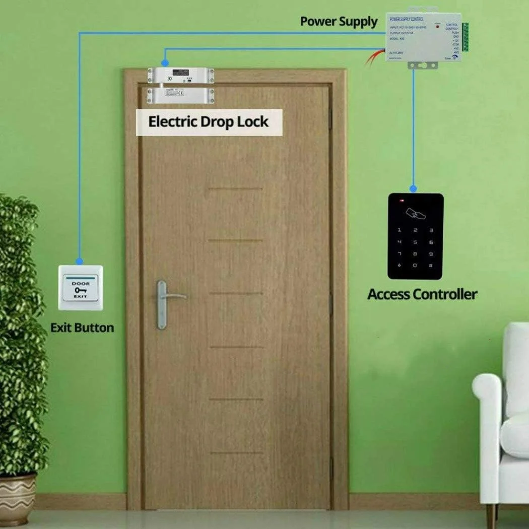 کیت کامل سیستم کنترل دسترسی RFID با فرکانس 125 کیلوهرتز YAVIS شامل صفحه کلید کنترل دسترسی، قفل برقی DC12V، منبع تغذیه 3 آمپر، دکمه خروج و 10 عدد کارت کلید ID