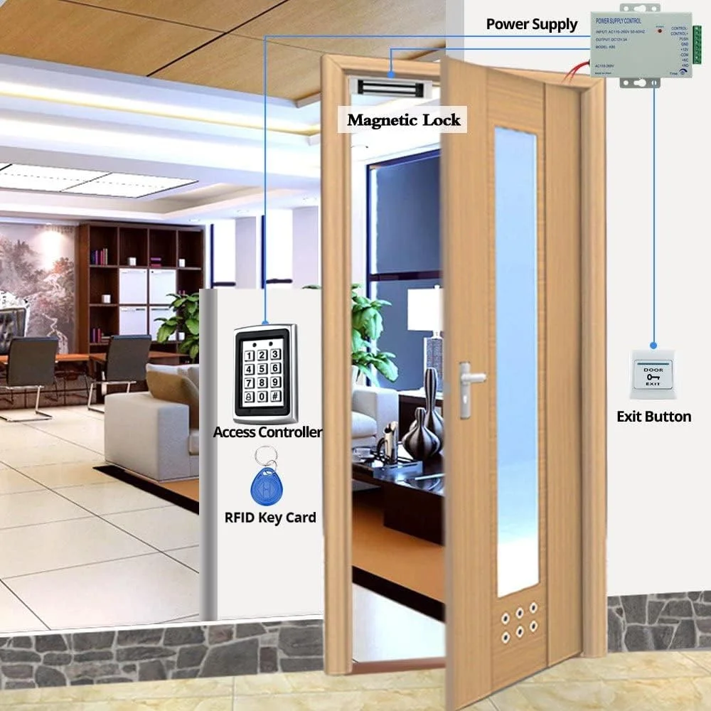 کیت سیستم کنترل دسترسی قابل برنامه ریزی RFID یاویس، صفحه کلید کنترلر فلزی، پوشش ضد آب، قفل مغناطیسی برقی 180 کیلوگرمی با منبع تغذیه DC 12V 3A، دکمه خروج، جاسوئیچی های شناسایی 10 عددی کیت سیستم کنترل دسترسی قابل برنامه ریزی RFID یاویس، صفحه کلید کنترلر فلزی، پوشش ضد آب، قفل مغناطیسی برقی 180 کیلوگرمی با منبع تغذیه DC 12V 3A، دکمه خروج، جاسوئیچی های شناسایی 10 عددی