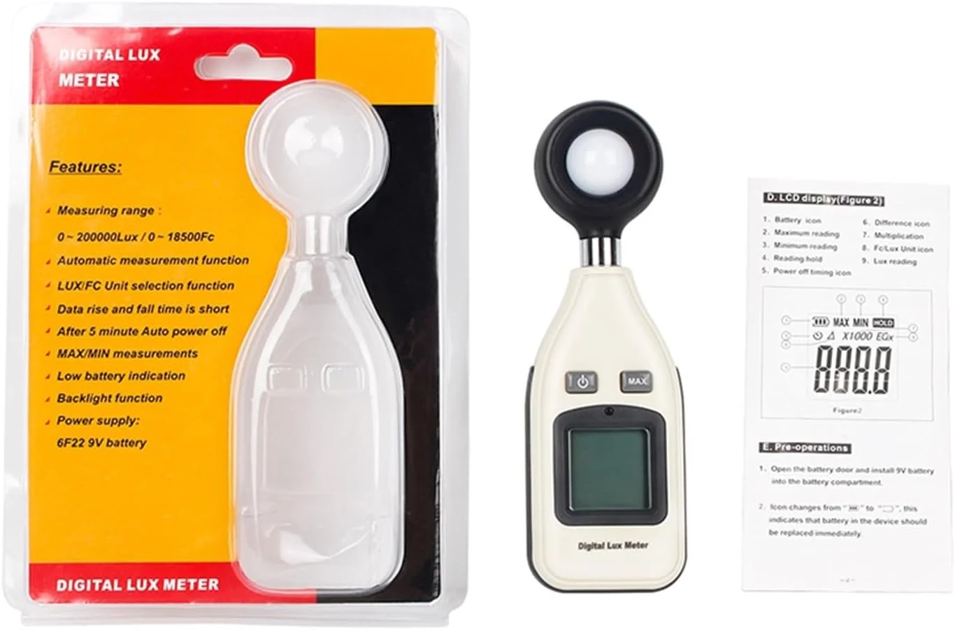 نور سنج، 5 عدد نور سنج دیجیتال کوچک قابل حمل با صفحه نمایش دیجیتال، نور سنج اتوماتیک با عملکرد نور پس زمینه صنعتی