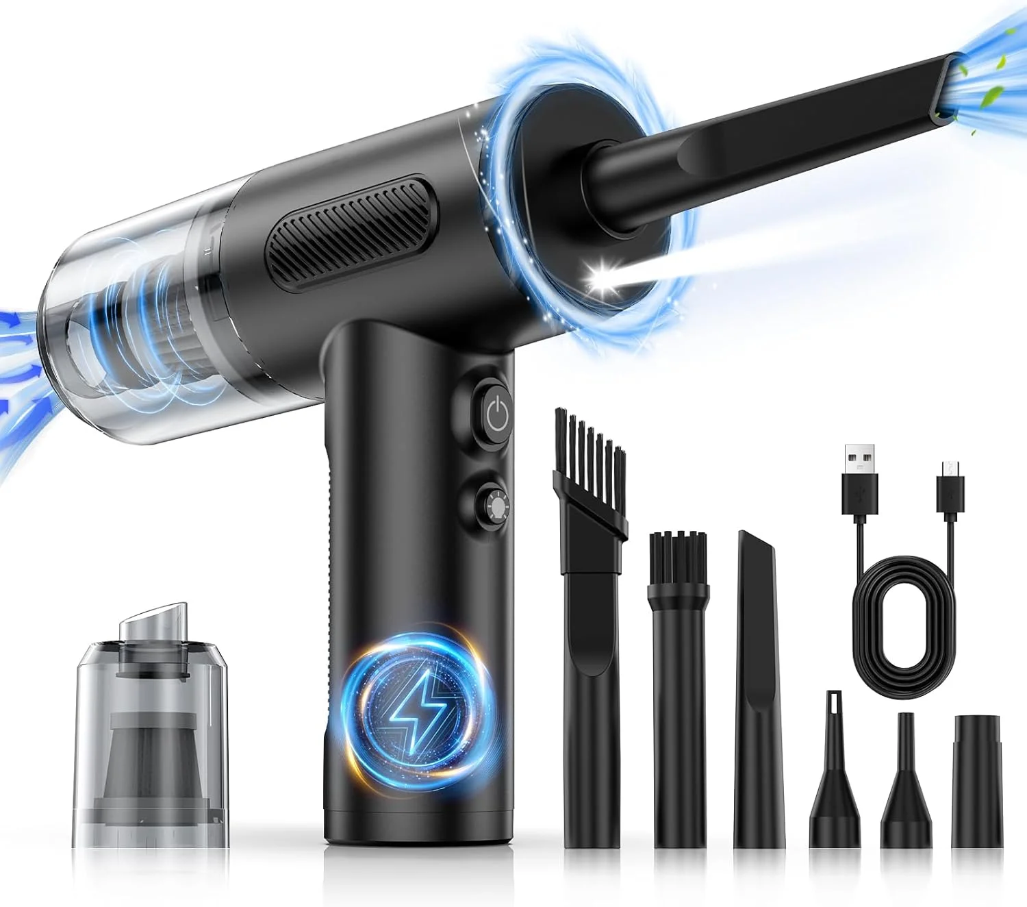 گردگیر هوای فشرده، جاروبرقی/دمنده و پمپ هوای دستی 100000 دور در دقیقه، گردگیر هوای برقی/جاروبرقی ماشین با قابلیت تنظیم 3 دنده، گردگیر صفحه کلید با چراغ LED - 10 کیت دمنده هوا برای کامپیوتر (مشکی)