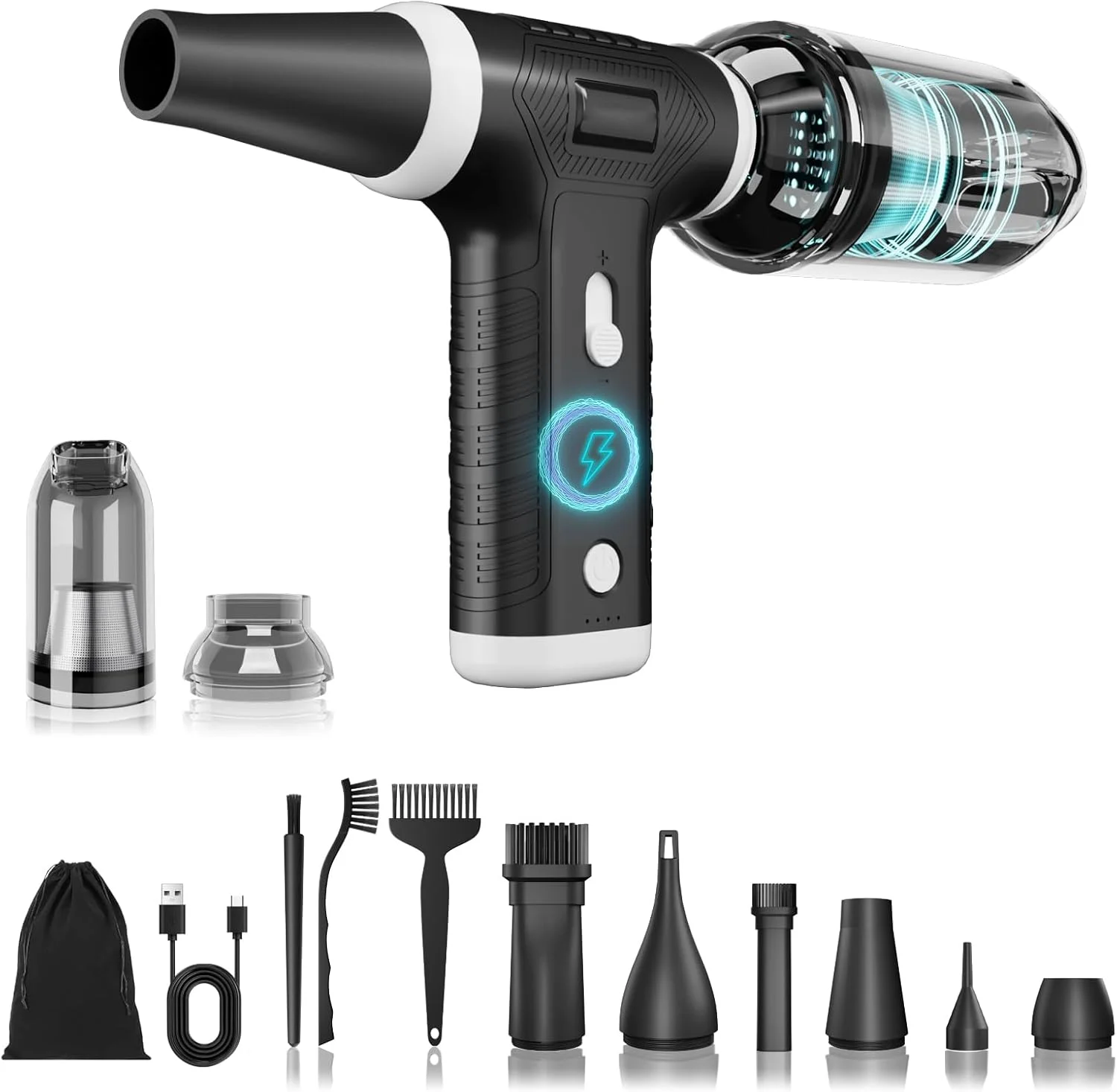 دمنده هوای فشرده 2 در 1، دمنده هوای برقی 130000 دور در دقیقه، جاروبرقی برقی قابل شارژ با موتور براشلس، سرعت قابل تنظیم پیوسته، دمنده هوای جت پرسرعت برای خانه، ماشین، کیبورد