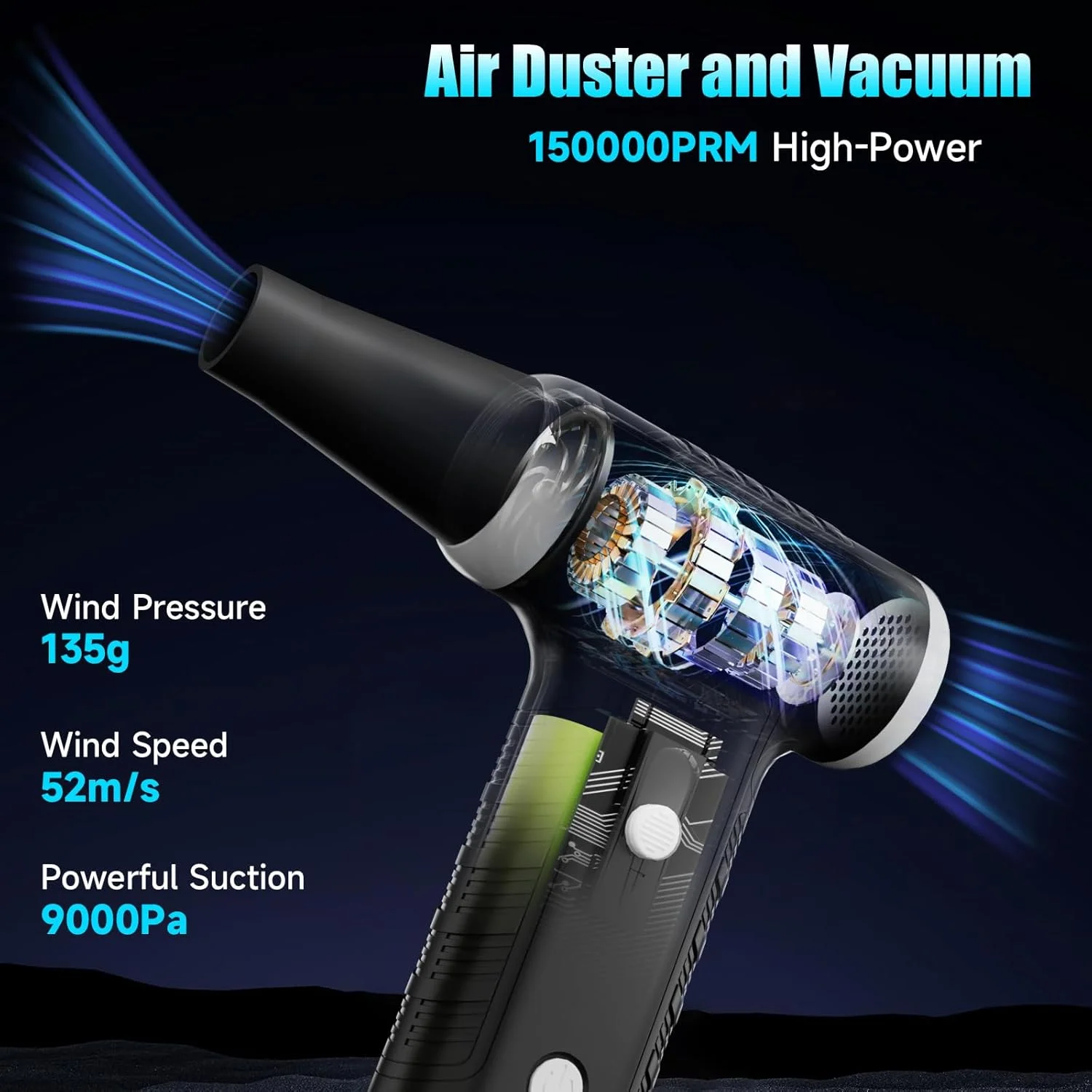 دمنده هوای فشرده 2 در 1، دمنده هوای برقی 130000 دور در دقیقه، جاروبرقی برقی قابل شارژ با موتور براشلس، سرعت قابل تنظیم پیوسته، دمنده هوای جت پرسرعت برای خانه، ماشین، کیبورد