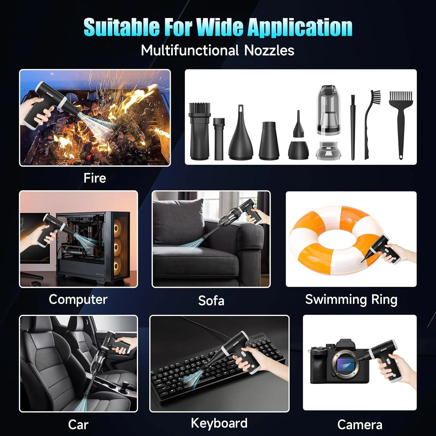 دمنده هوای فشرده 2 در 1، دمنده هوای برقی 130000 دور در دقیقه، جاروبرقی برقی قابل شارژ با موتور براشلس، سرعت قابل تنظیم پیوسته، دمنده هوای جت پرسرعت برای خانه، ماشین، کیبورد