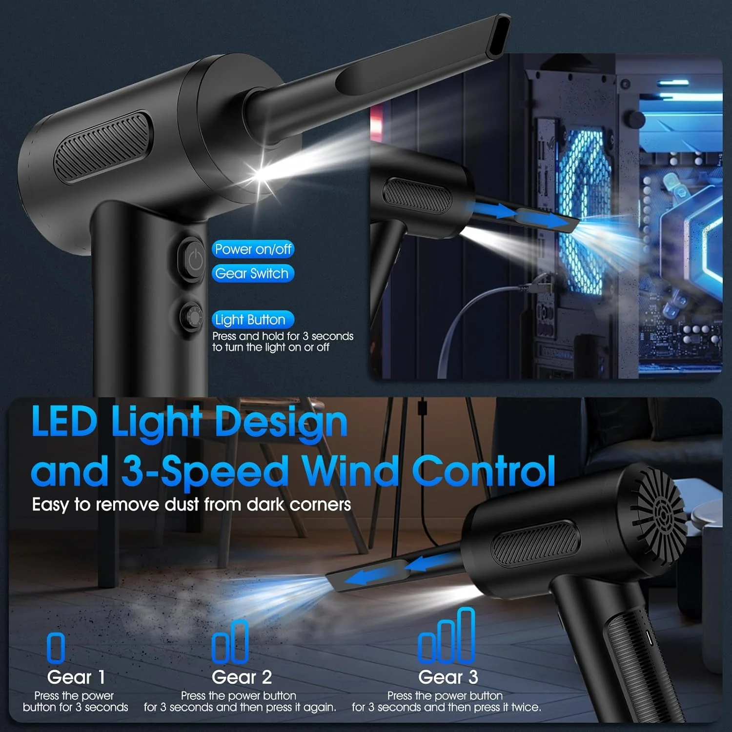 گردگیر هوای فشرده، جاروبرقی/دمنده و پمپ هوای دستی 100000 دور در دقیقه، گردگیر هوای برقی/جاروبرقی ماشین با قابلیت تنظیم 3 دنده، گردگیر صفحه کلید با چراغ LED - 10 کیت دمنده هوا برای کامپیوتر (مشکی) گردگیر هوای فشرده، جاروبرقی/دمنده و پمپ هوای دستی 100000 دور در دقیقه، گردگیر هوای برقی/جاروبرقی ماشین با قابلیت تنظیم 3 دنده، گردگیر صفحه کلید با چراغ LED - 10 کیت دمنده هوا برای کامپیوتر (مشکی)