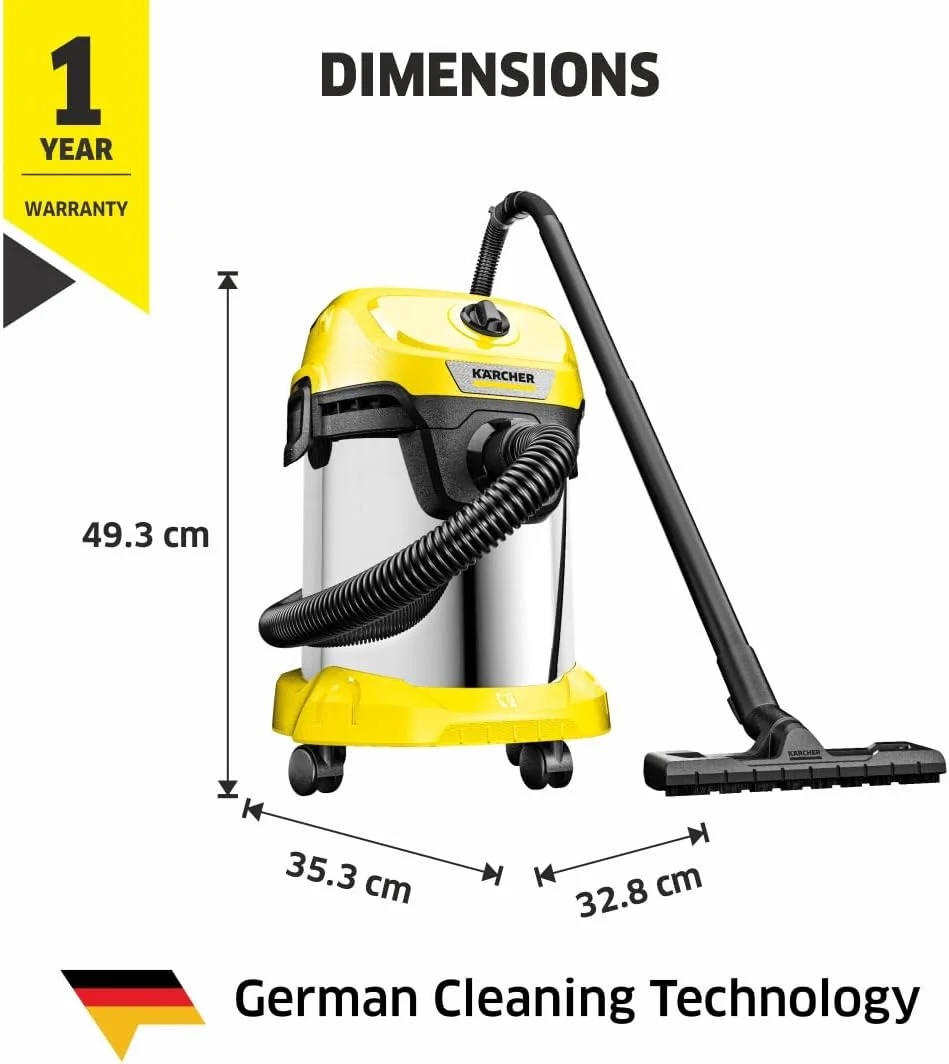 جاروبرقی آب و خاک کارچر WD 3 S V-17/4/20 - جاروبرقی قدرتمند 200 AW، 100 وات، با کیسه، عملکرد دمنده، زرد/مشکی