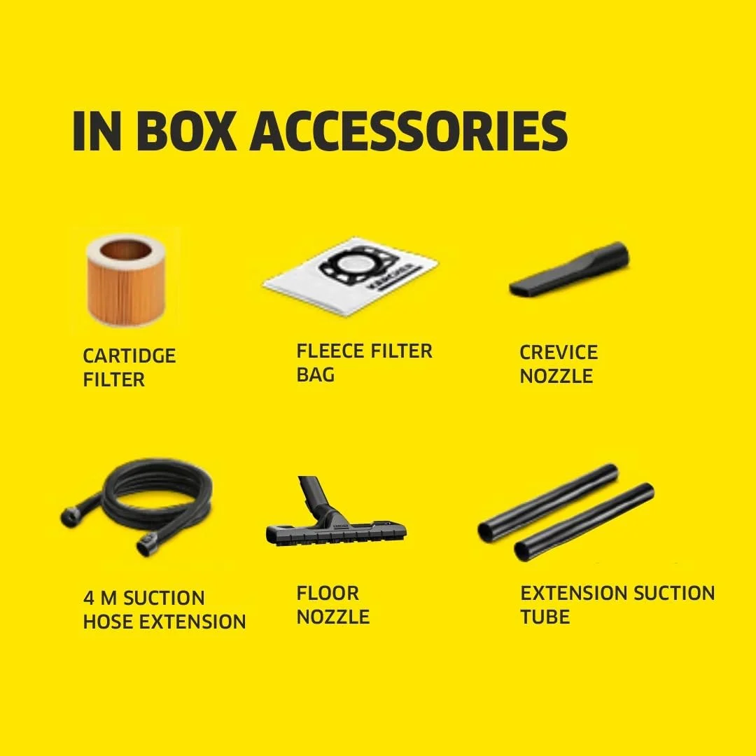 جاروبرقی آب و خاک کارچر WD 3 S V-17/4/20 - جاروبرقی قدرتمند 200 AW، 100 وات، با کیسه، عملکرد دمنده، زرد/مشکی