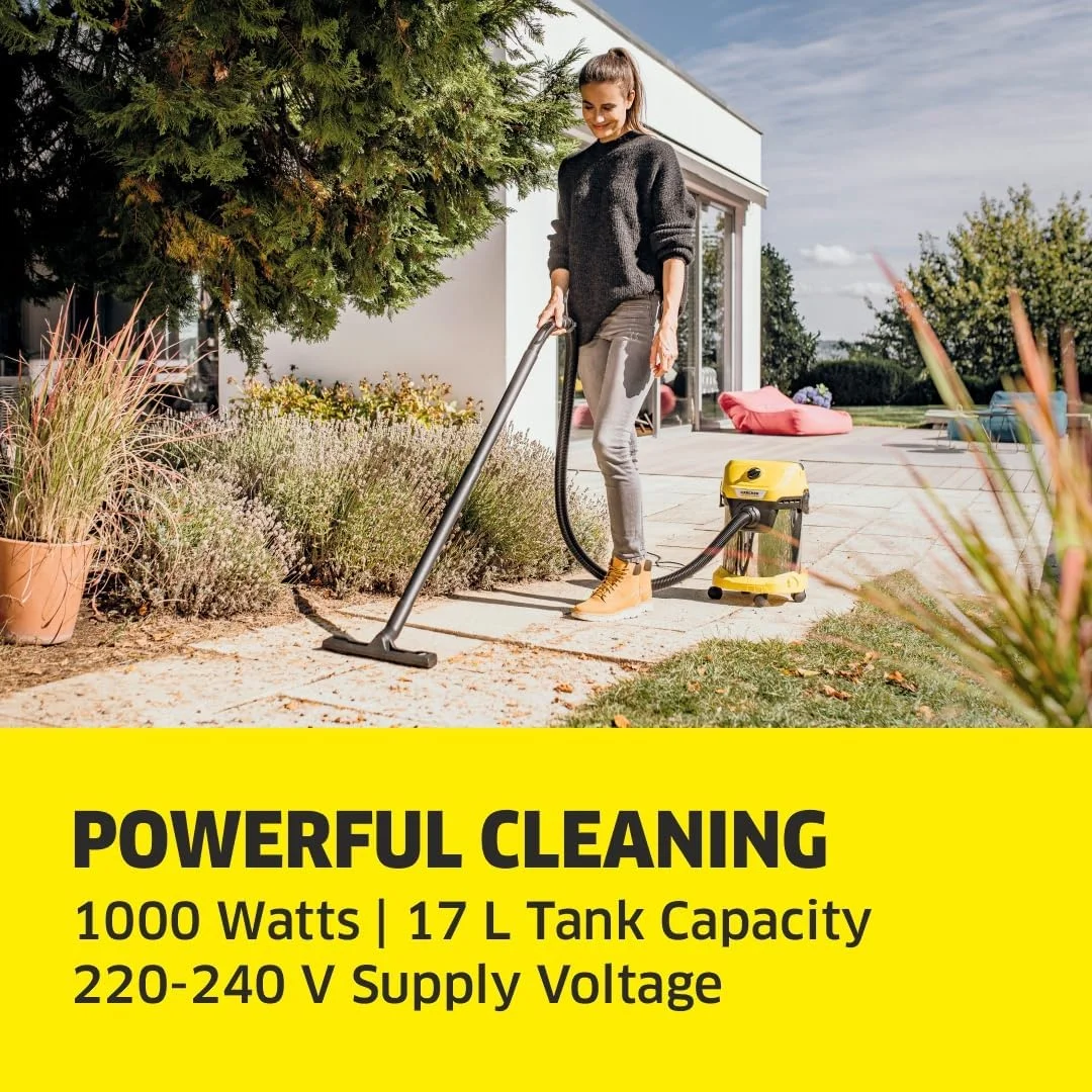 جاروبرقی آب و خاک کارچر WD 3 S V-17/4/20 - جاروبرقی قدرتمند 200 AW، 100 وات، با کیسه، عملکرد دمنده، زرد/مشکی