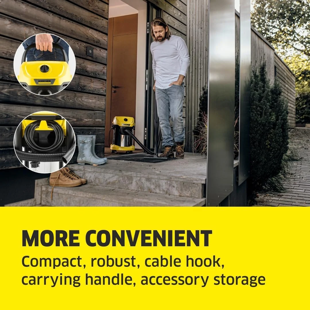 جاروبرقی آب و خاک کارچر WD 3 S V-17/4/20 - جاروبرقی قدرتمند 200 AW، 100 وات، با کیسه، عملکرد دمنده، زرد/مشکی