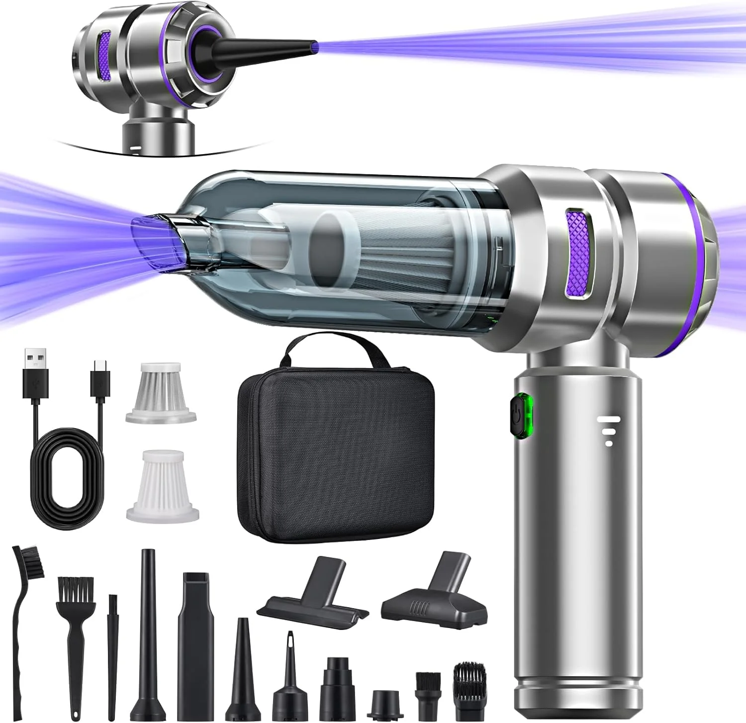 جاروبرقی دستی 3 در 1، جاروبرقی خودرو قدرتمند، جاروبرقی دستی بی سیم 18000PA، دمنده گرد و غبار برقی 3 سرعته 200000 دور در دقیقه، اسپری هوای فشرده برای خودرو، آشپزخانه، کامپیوتر، مبل