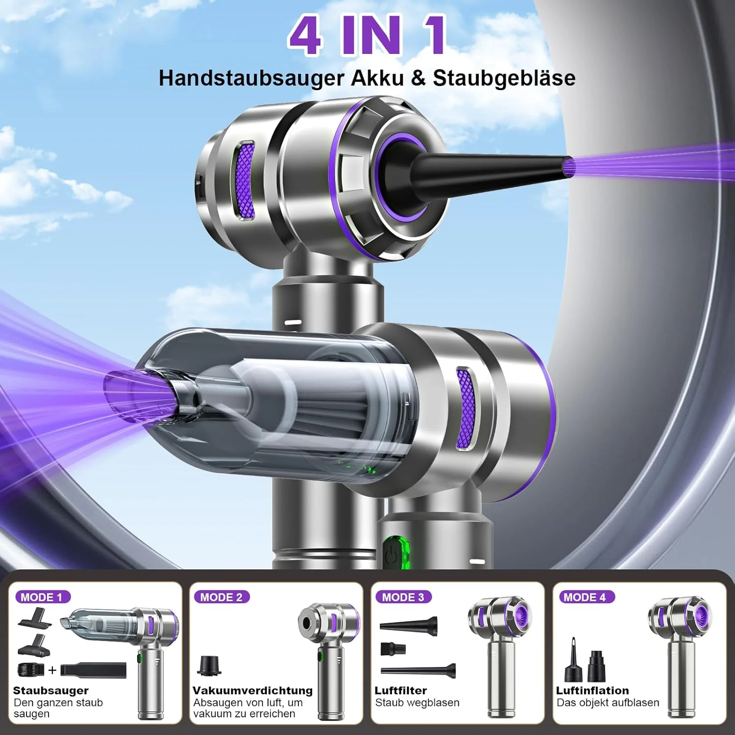 جاروبرقی دستی 3 در 1، جاروبرقی خودرو قدرتمند، جاروبرقی دستی بی سیم 18000PA، دمنده گرد و غبار برقی 3 سرعته 200000 دور در دقیقه، اسپری هوای فشرده برای خودرو، آشپزخانه، کامپیوتر، مبل