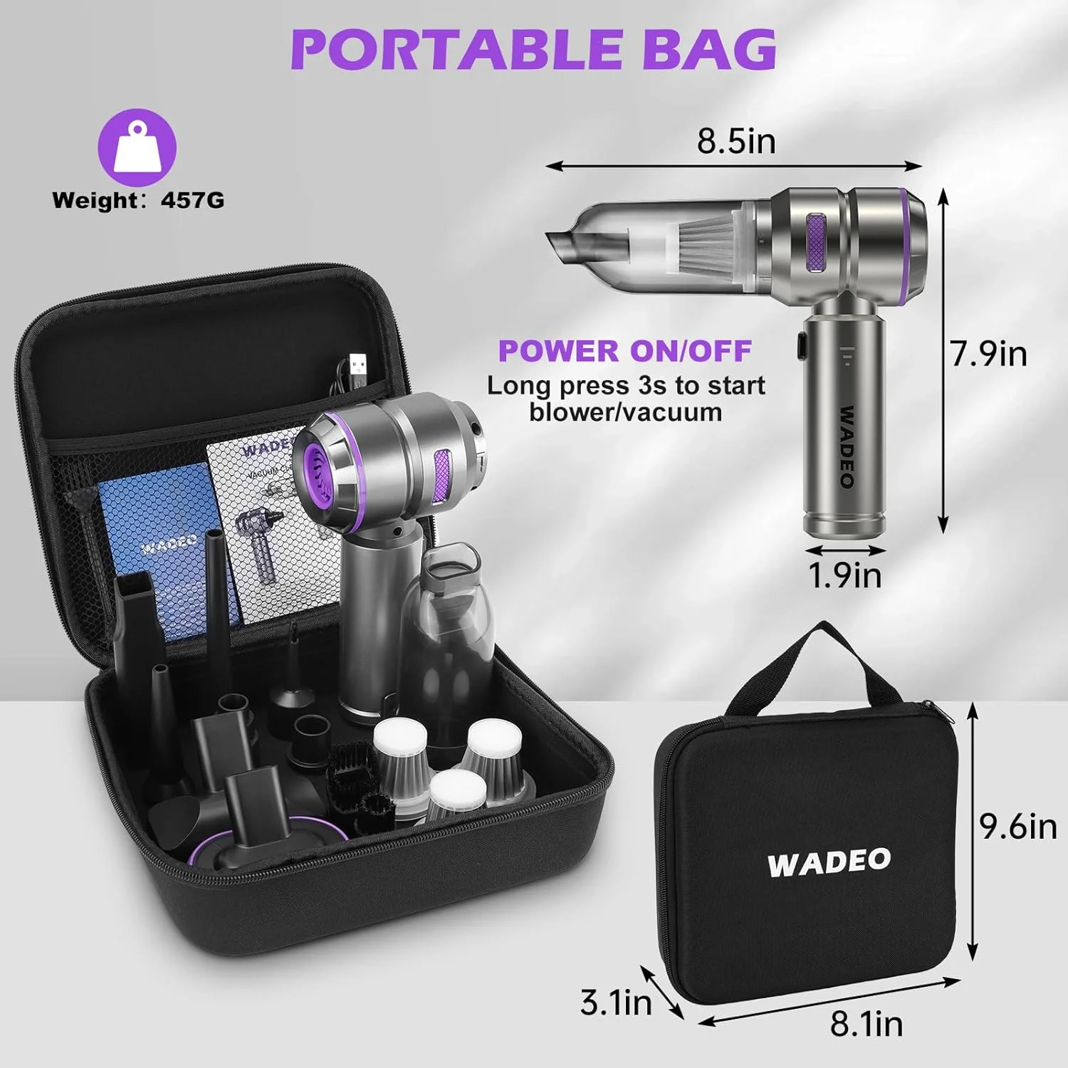 جاروبرقی دستی شارژی WADEO، جاروبرقی خودرو 4 در 1 21000PA و گردگیر هوا 210000 دور در دقیقه باتری 7500 میلی آمپر ساعت دمنده هوا جاروبرقی دستی بی سیم برای تمیز کردن ماشین، دفتر و خانه