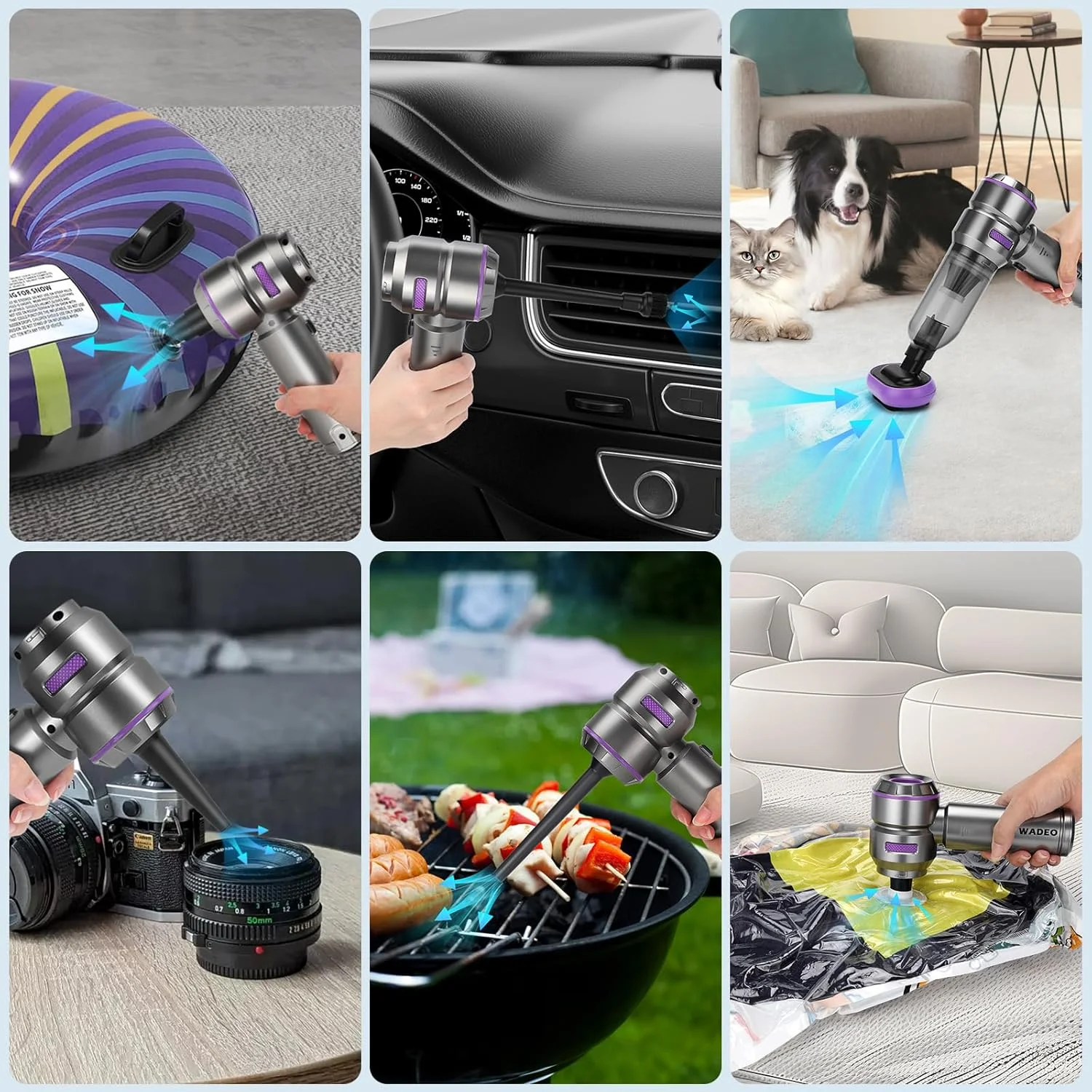 جاروبرقی دستی شارژی WADEO، جاروبرقی خودرو 4 در 1 21000PA و گردگیر هوا 210000 دور در دقیقه باتری 7500 میلی آمپر ساعت دمنده هوا جاروبرقی دستی بی سیم برای تمیز کردن ماشین، دفتر و خانه