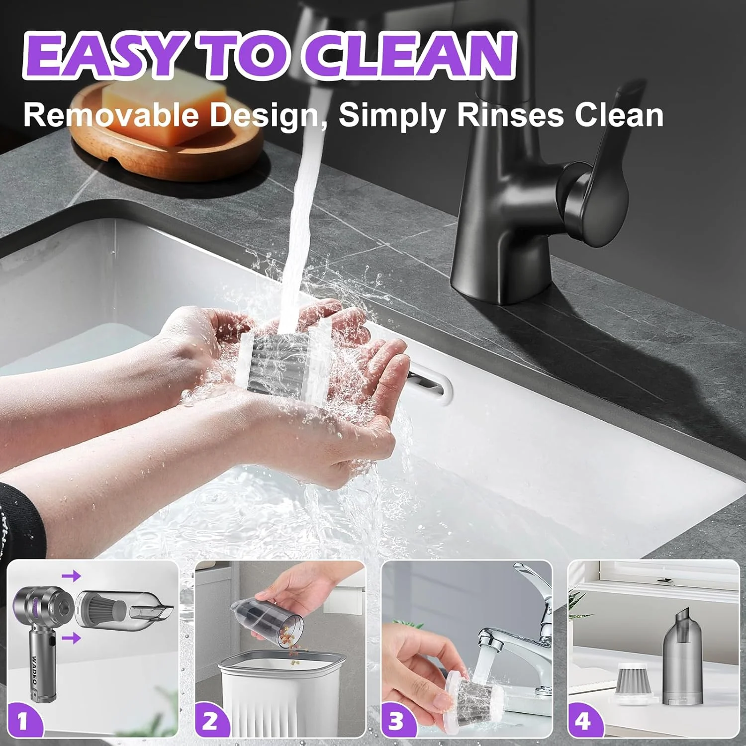 جاروبرقی دستی شارژی WADEO، جاروبرقی خودرو 4 در 1 21000PA و گردگیر هوا 210000 دور در دقیقه باتری 7500 میلی آمپر ساعت دمنده هوا جاروبرقی دستی بی سیم برای تمیز کردن ماشین، دفتر و خانه