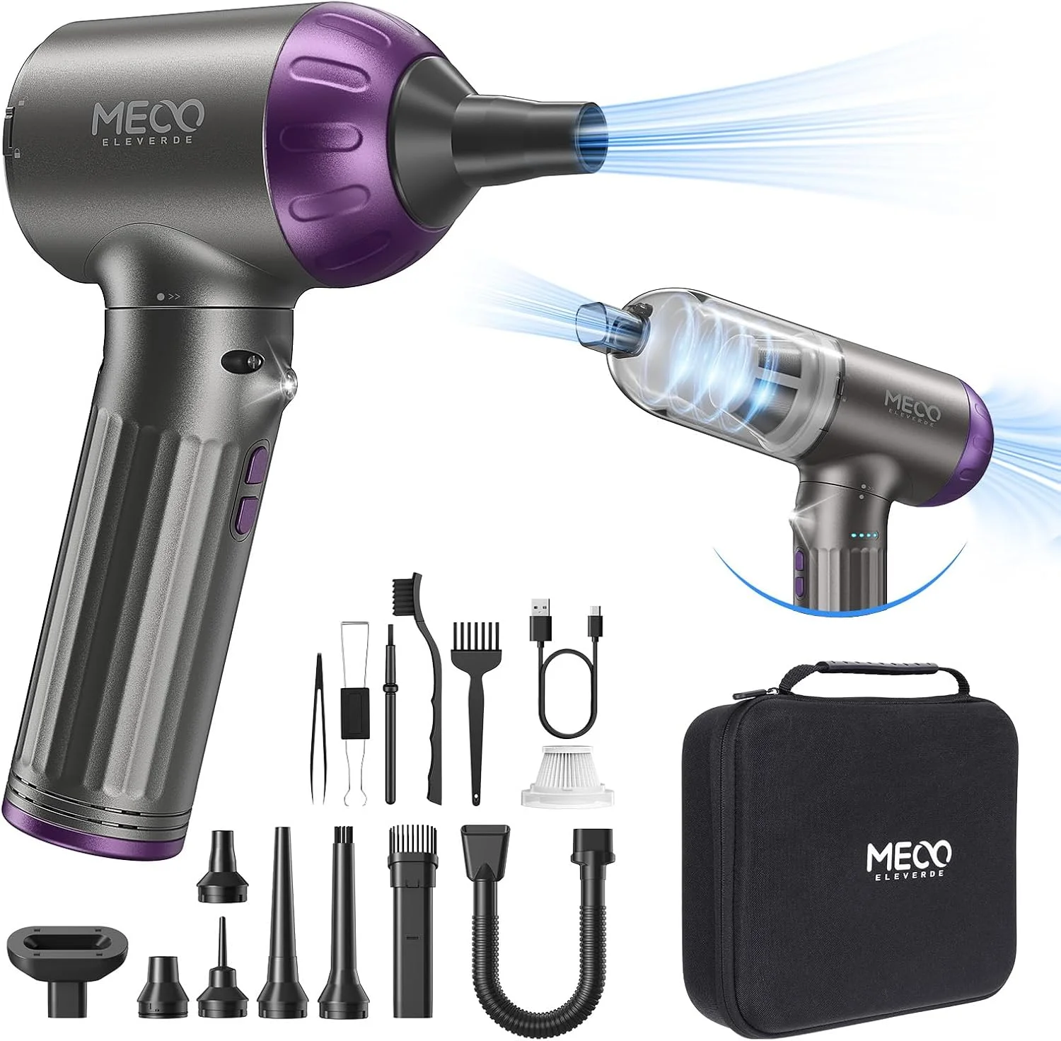 جاروبرقی دستی 4 در 1 MECO ELEVERDE، دمنده گرد و غبار برقی 130000 دور در دقیقه 3 سرعته، جاروبرقی خودرو با موتور براشلس و چراغ LED، اسپری هوای فشرده تمیز کننده صفحه کلید