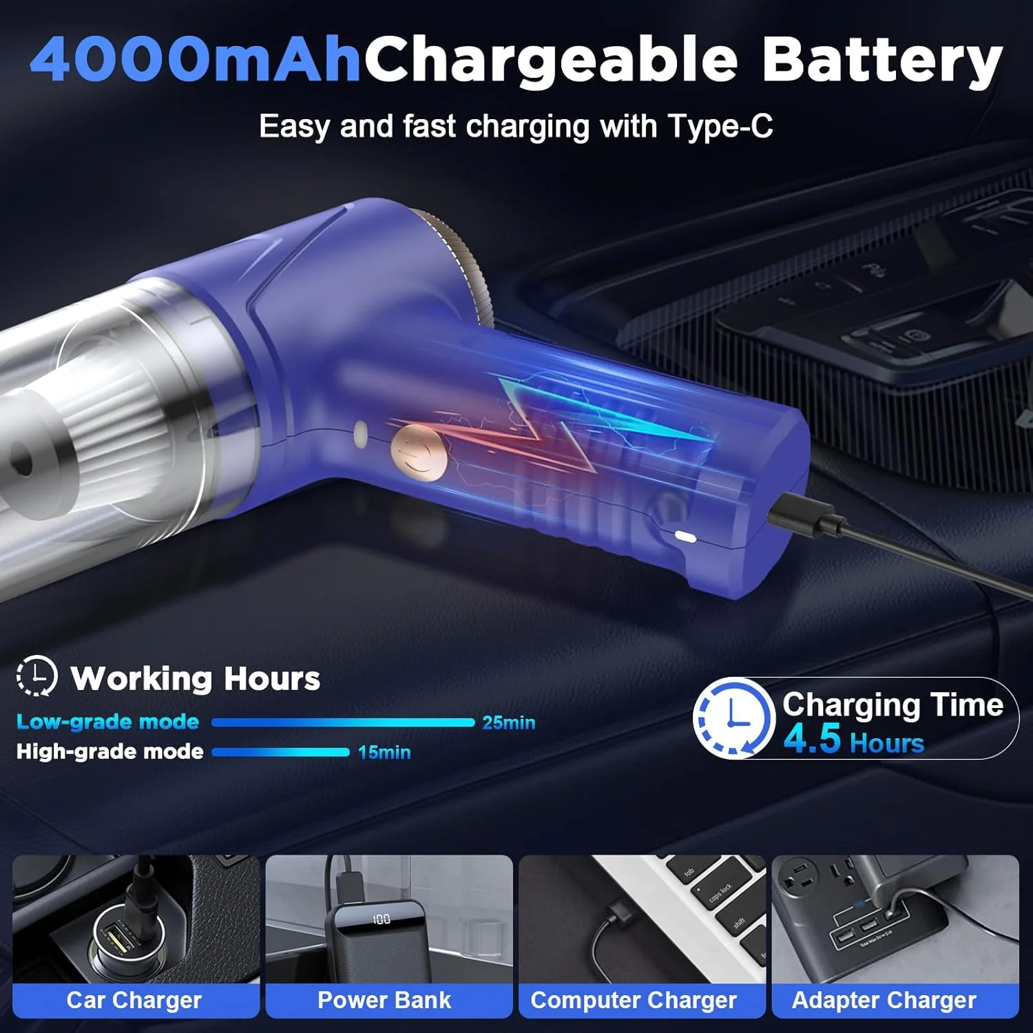 جاروبرقی دستی بی سیم، جاروبرقی قابل حمل 100 واتی برای خودرو و دمنده گرد و غبار هوا، جاروبرقی بی سیم قابل شارژ 12000PA دو حالته برای خانه/دفتر/موهای حیوانات خانگی/خودرو، کم صدا