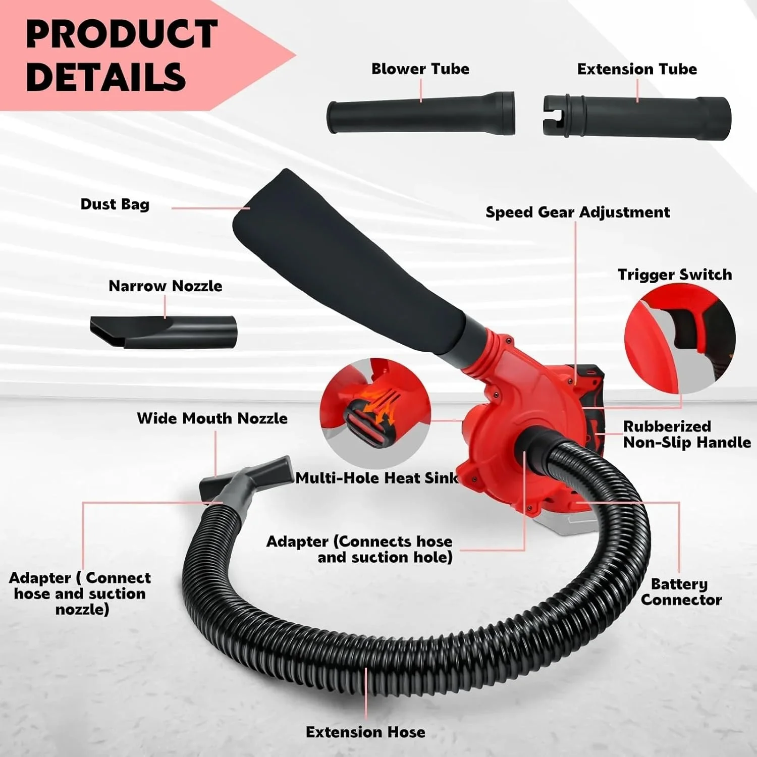 دمنده برگ بدون سیم، دمنده هوای برقی براشلس 6 سرعته تا 180 مایل در ساعت، جاروبرقی (بدون باتری) برای تهویه