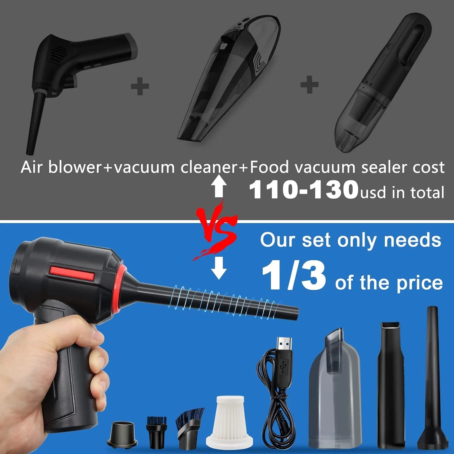 جاروبرقی کامپیوتر 3 در 1، دمنده گرد و غبار هوای فشرده، جاروبرقی دستی قابل حمل بی سیم، جاروبرقی شارژی خودرو، کیت مینی تمیز کننده صفحه کلید، اسپری هوای برقی برای کامپیوتر، لپ تاپ، لوازم الکترونیکی