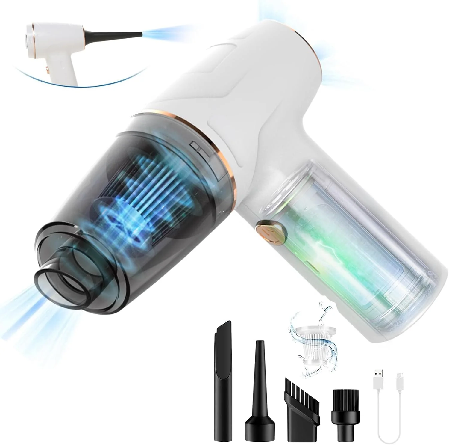 جاروبرقی خودرو، جاروبرقی دستی بی سیم، موتور DC بدون جاروبک با حداکثر مکش 12000PA، جاروبرقی کوچک قابل حمل شارژی برای خانه، دفتر، آشپزخانه، دفتر (سفید-B)