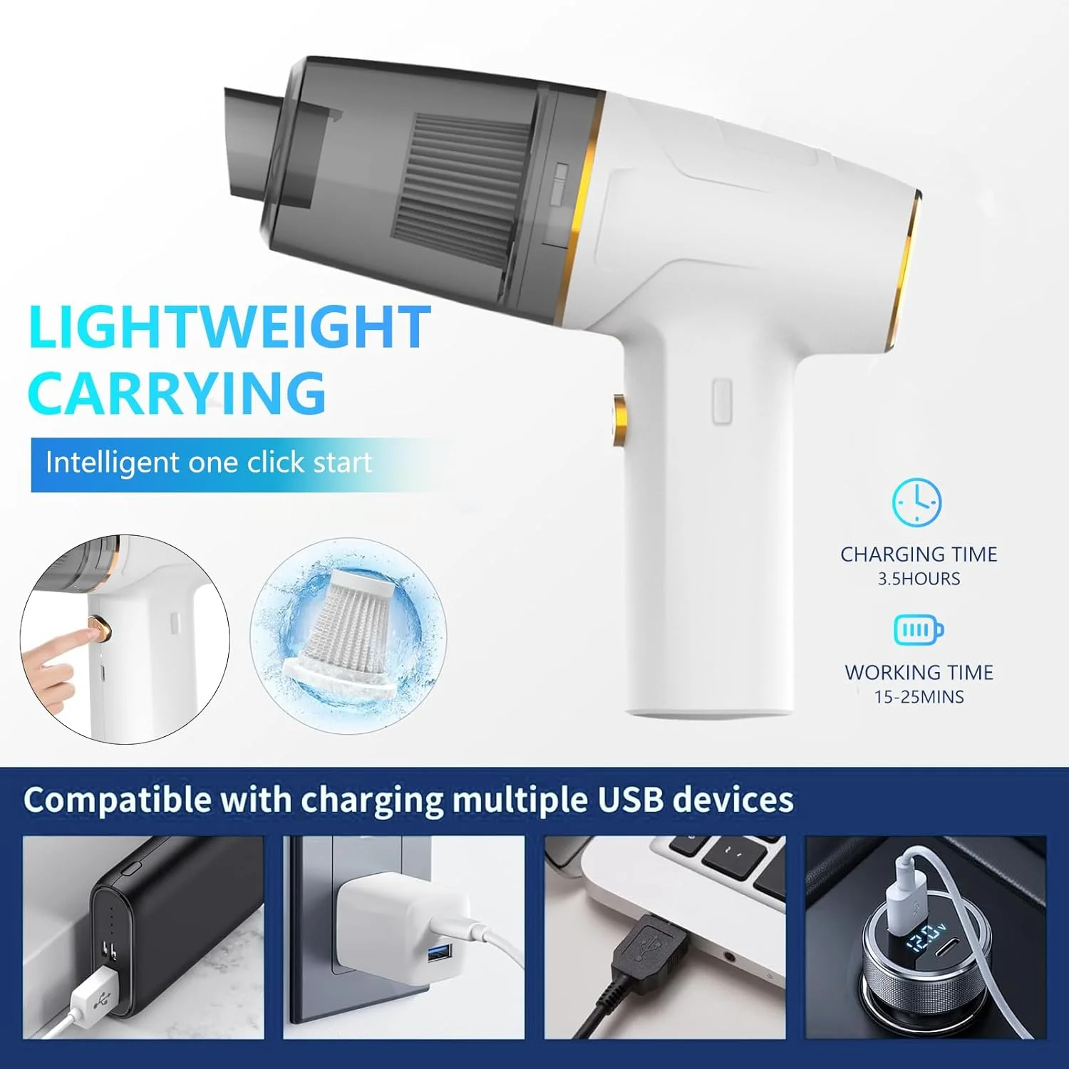 جاروبرقی خودرو، جاروبرقی دستی بی سیم، موتور DC بدون جاروبک با حداکثر مکش 12000PA، جاروبرقی کوچک قابل حمل شارژی برای خانه، دفتر، آشپزخانه، دفتر (سفید-B)