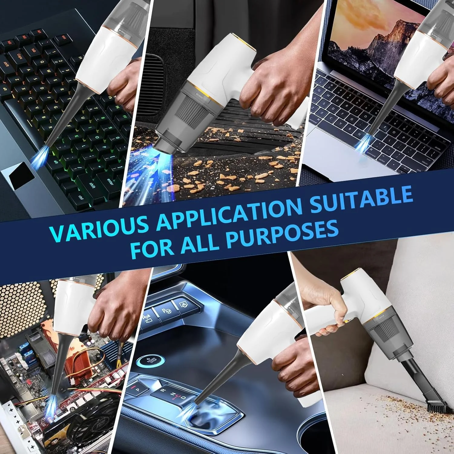 جاروبرقی خودرو، جاروبرقی دستی بی سیم، موتور DC بدون جاروبک با حداکثر مکش 12000PA، جاروبرقی کوچک قابل حمل شارژی برای خانه، دفتر، آشپزخانه، دفتر (سفید-B)