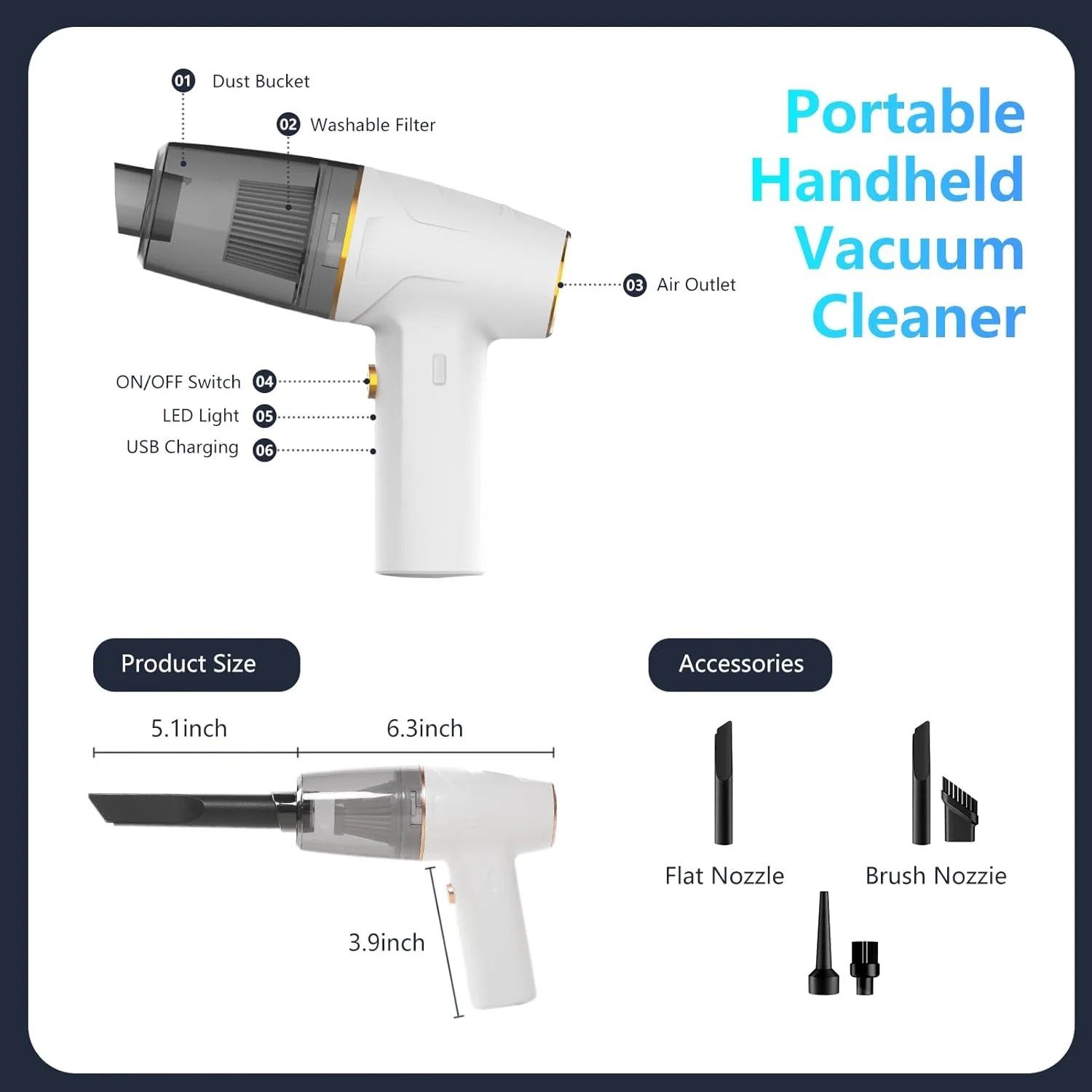 جاروبرقی خودرو، جاروبرقی دستی بی سیم، موتور DC بدون جاروبک با حداکثر مکش 12000PA، جاروبرقی کوچک قابل حمل شارژی برای خانه، دفتر، آشپزخانه، دفتر (سفید-B)