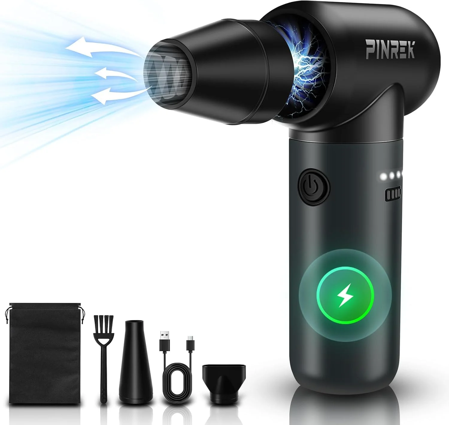 دمنده هوای فشرده PINREK با موتور براشلس - 3 حالت قابل تنظیم 130000 دور در دقیقه، دمنده هوای برقی بی سیم با چراغ LED، دمنده هوا قابل شارژ برای تمیز کردن دستگاه های الکتریکی صفحه کلید