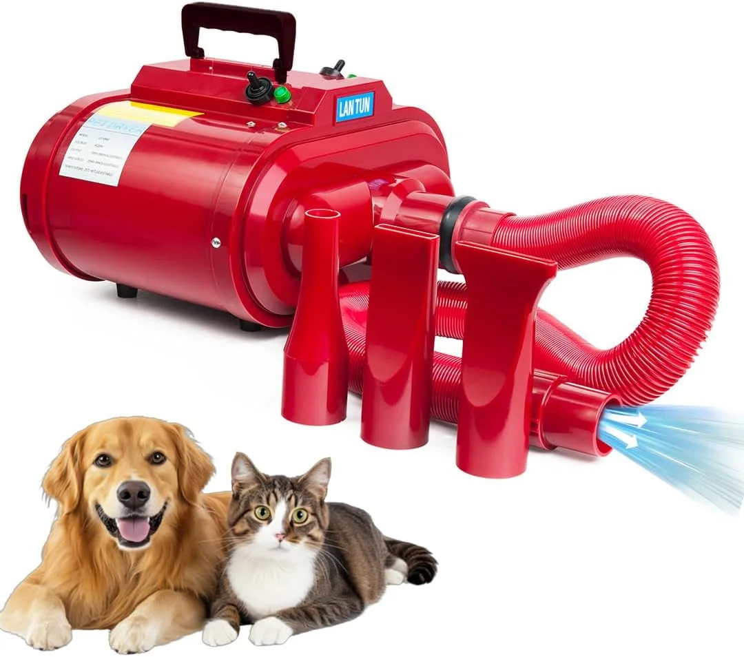 دستگاه خشک کن مو سگ NNC PETS - کیت جاروبرقی و خشک کن مو حیوانات خانگی - سشوار و دمنده مو سگ - 240 ولت قدرتمند با سرعت و حرارت قابل تنظیم، کم صدا - 3 نازل - دسته قابل حمل - جنس ABS (قرمز)