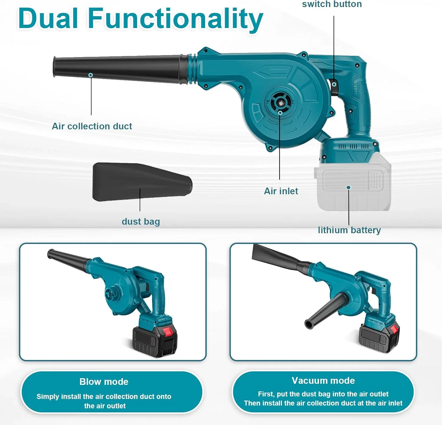 دمنده برقی برگ، دمنده برگ و جاروبرقی برقی 2 در 1، سرعت در حالت آزاد 0-16000 دور در دقیقه، جریان هوا 0-3.6 متر مکعب در دقیقه، سازگاری با باتری 18 ولت دمنده برقی برگ، دمنده برگ و جاروبرقی برقی 2 در 1، سرعت در حالت آزاد 0-16000 دور در دقیقه، جریان هوا 0-3.6 متر مکعب در دقیقه، سازگاری با باتری 18 ولت