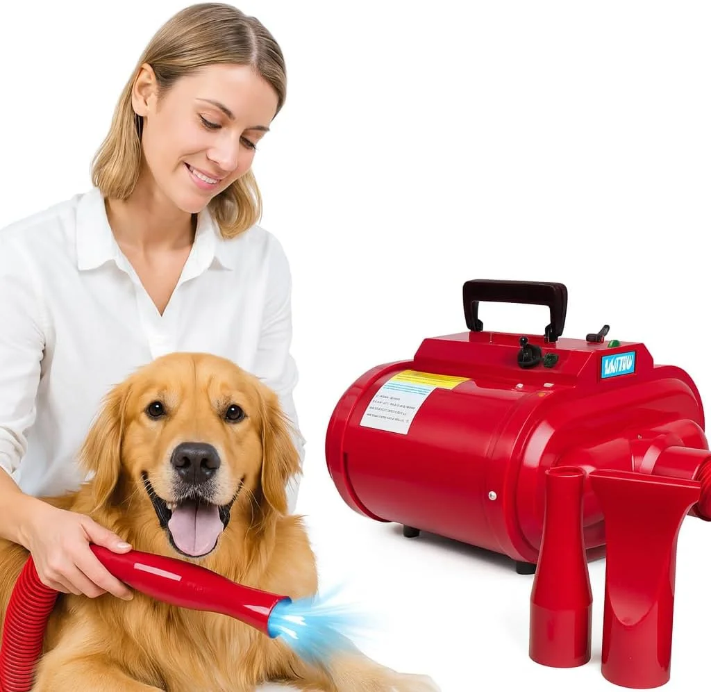 دستگاه خشک کن مو سگ NNC PETS - کیت جاروبرقی و خشک کن مو حیوانات خانگی - سشوار و دمنده مو سگ - 240 ولت قدرتمند با سرعت و حرارت قابل تنظیم، کم صدا - 3 نازل - دسته قابل حمل - جنس ABS (قرمز)